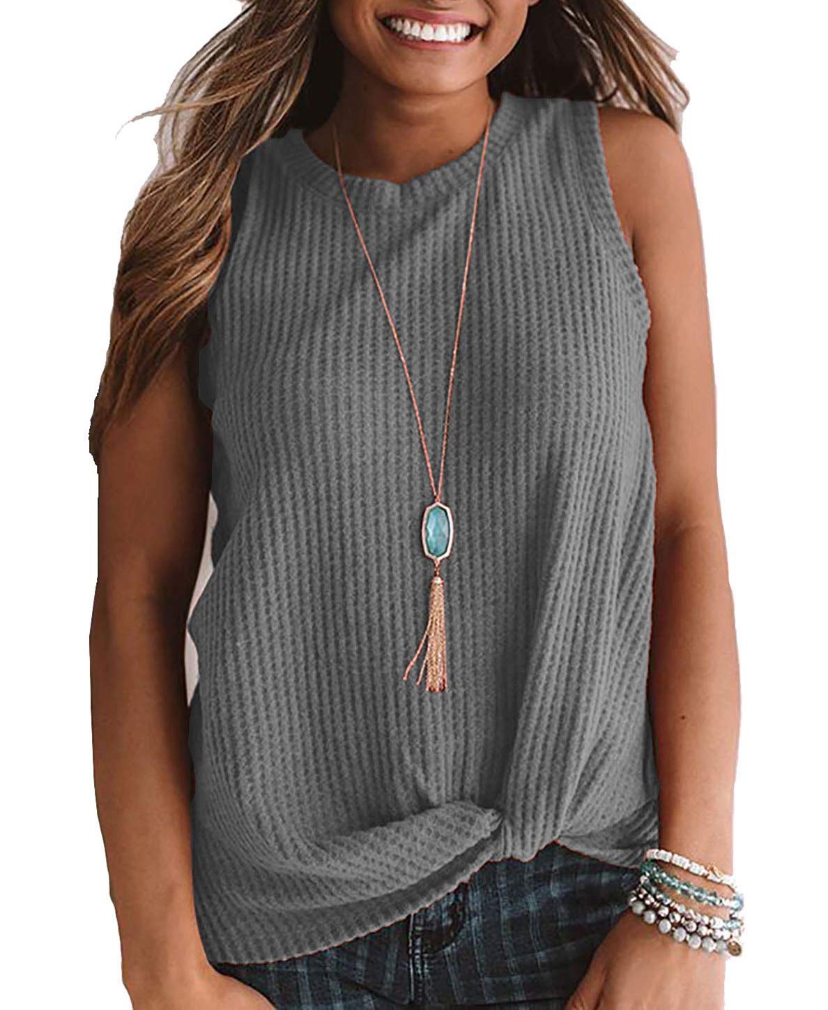 Youdiao Women's Casual Sleeveless Cute Blouse - Twist Knot Waffle Knit Tank Top Shirt for Summer, Beach & Daily Wear