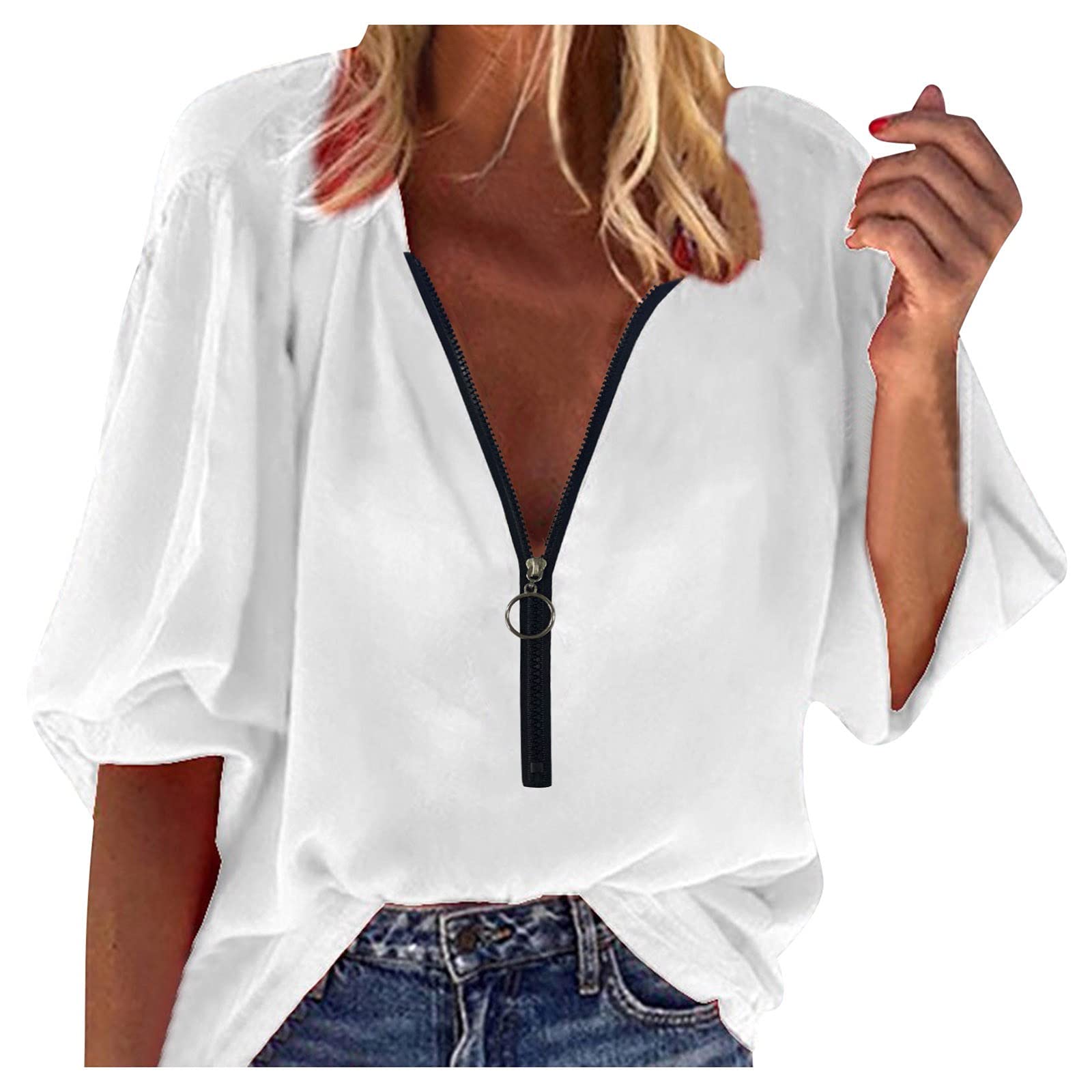 Women's Casual V-Neck Button Down Shirts - 3/4 Sleeve Loose Fit Plain Blouse Tops in Solid Colors | Office Wear, Weekend Outfits & Dressy Occasions