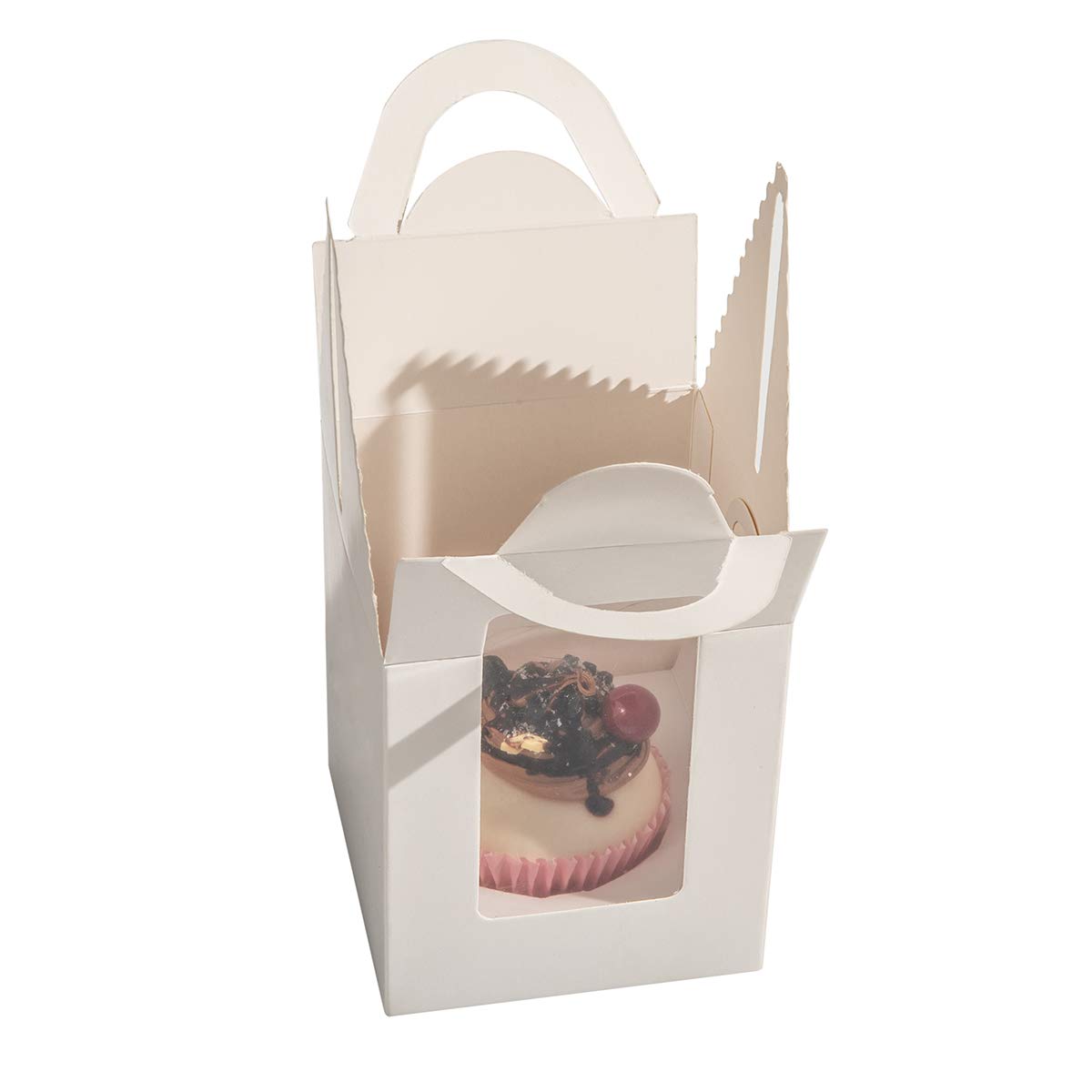 25-Pack White Cupcake Boxes with Window Inserts & Handles - Premium Gift Packaging for Weddings, Parties, Baby Showers & Events - Single Dessert Containers for Candy, Cookies & Treats (25P-Handle-White)