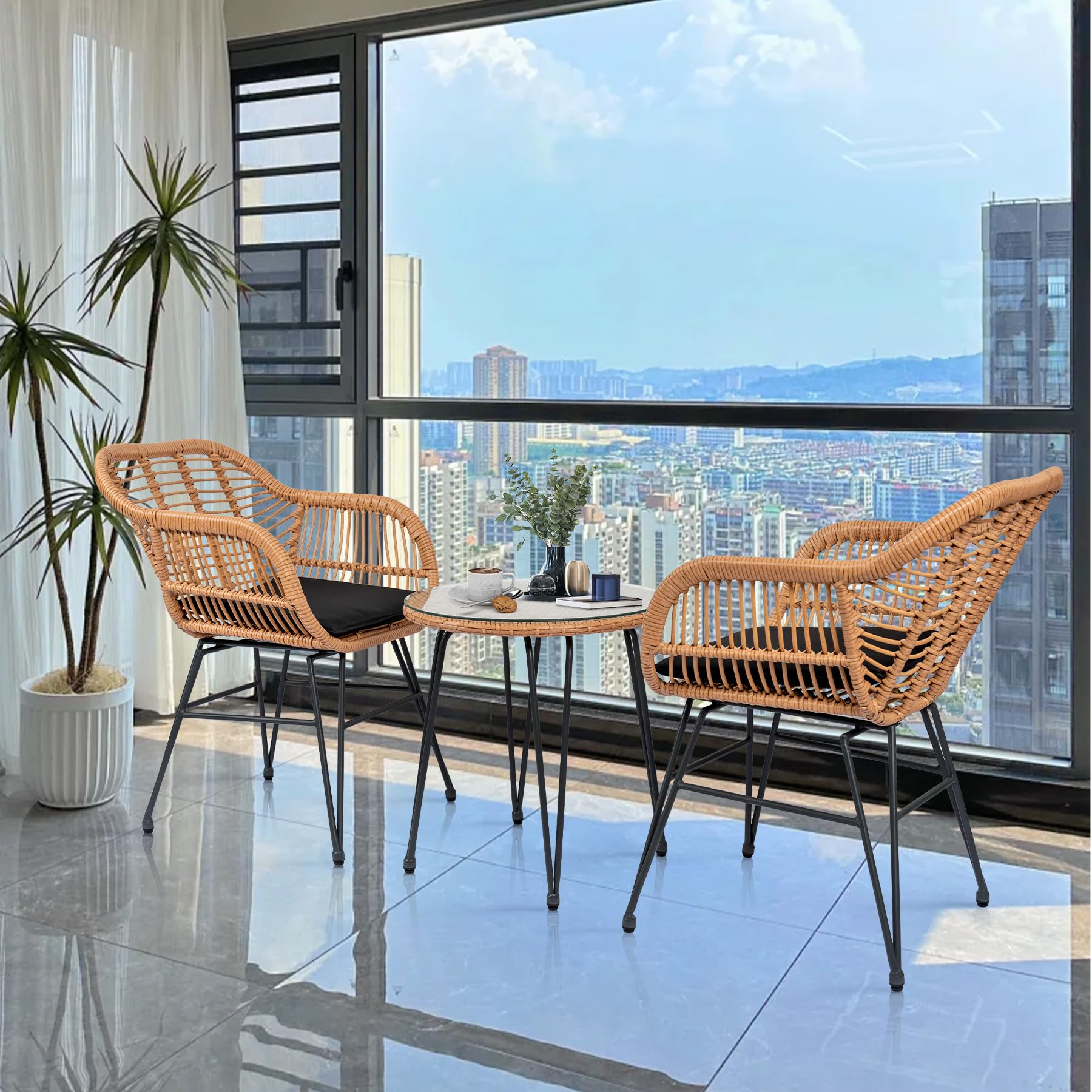 3-Piece Outdoor Wicker Bistro Set - Patio Chairs & Table with Cushions - Rattan Conversation Furniture for Poolside, Garden, Backyard, Porch - Perfect for Outdoor Dining & Relaxing