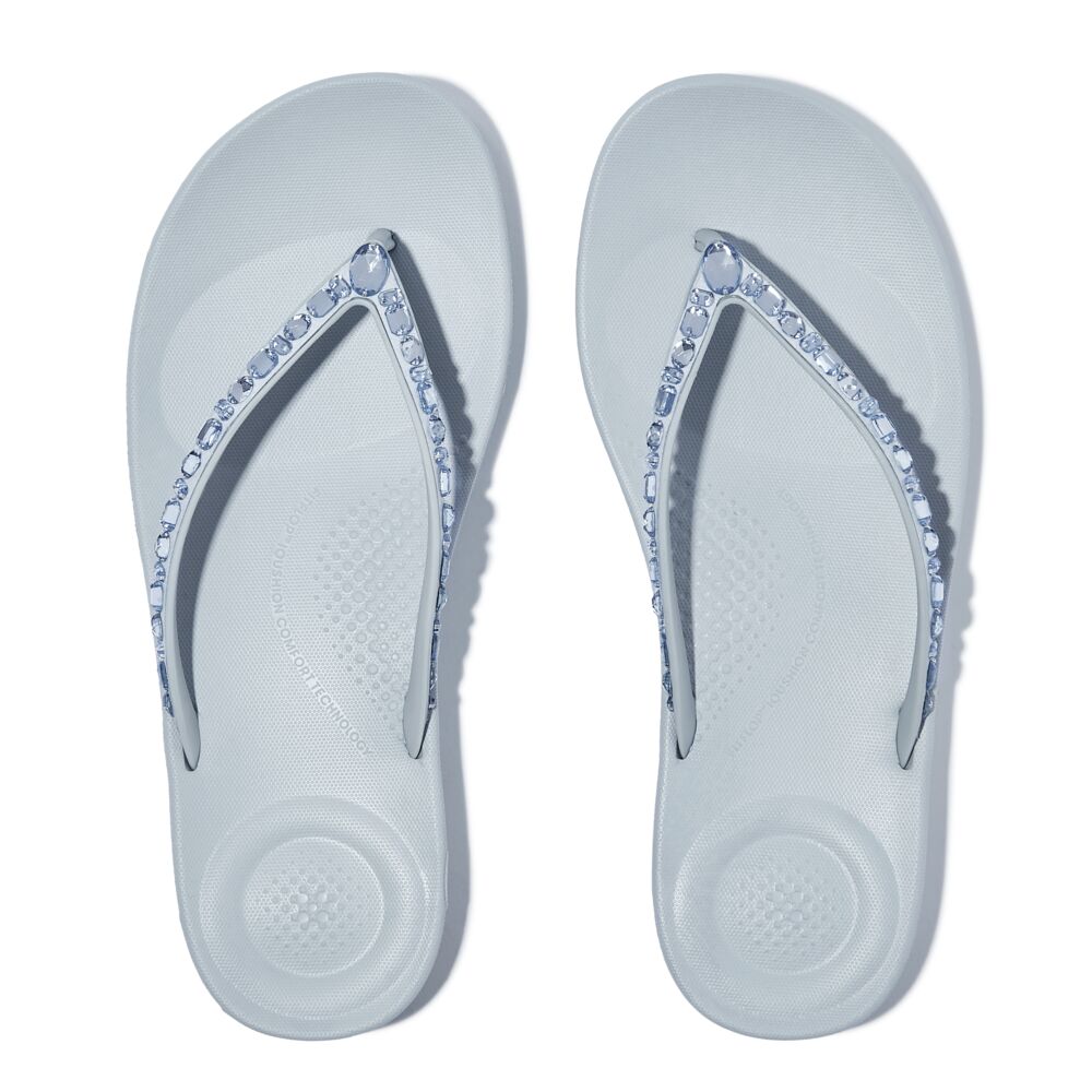 FitFlop Iqushion Multi Crystal Flip Flops Sandals for Women - Comfortable Orthopedic Arch Support - Quiet Blue | Perfect for Beach, Pool, and Summer Vacation Outfits
