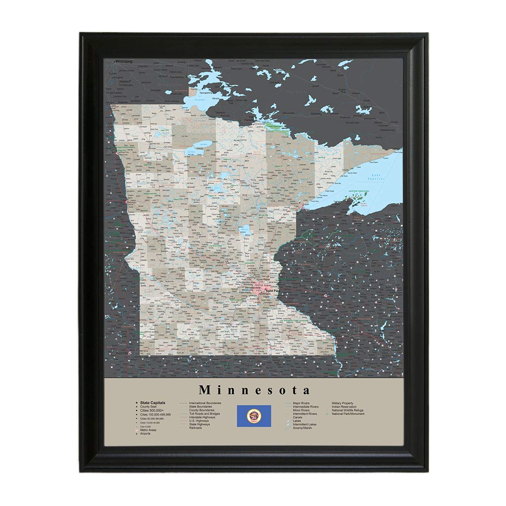 Minnesota Map Wall Art - Earth Tone Colors with Black Frame - 33.75x27 Inches - Includes 150 Pins - Perfect for Home Office Decor, Travel Lover's Gift & Geography Classroom