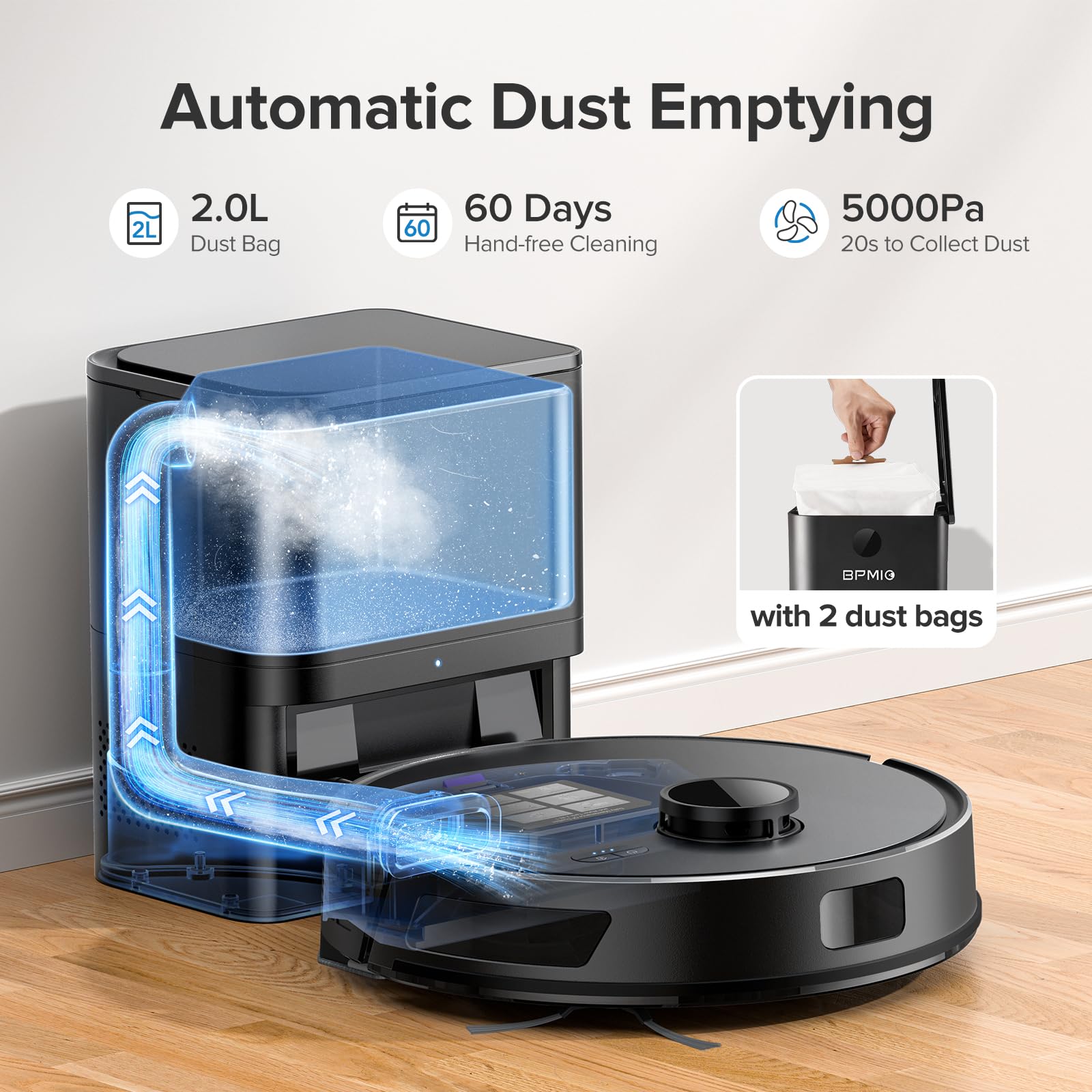 BPMIO Self-Emptying Robot Vacuum & Mop - 5000Pa, WiFi/Alexa - Perfect for Pet Hair & Carpets