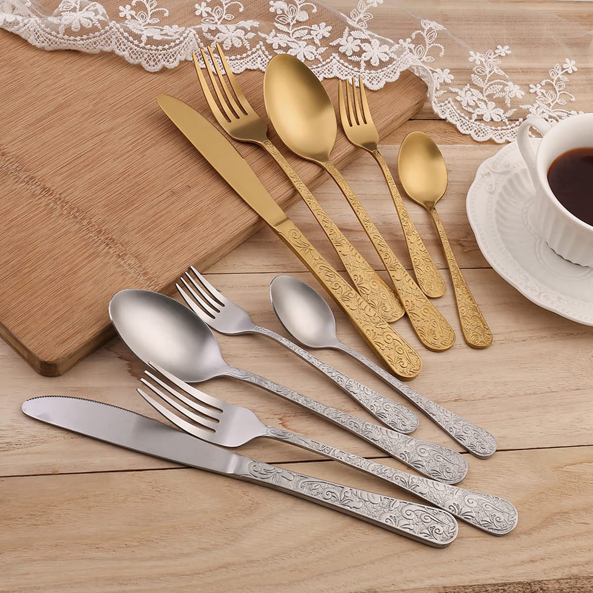 IKXO 40-Piece Stainless Steel Flatware Set for 8 - Elegant Mirror Polished Silverware with Dinner Knives, Forks & Spoons | Retro Design, Dishwasher Safe | Perfect for Formal Dining, Wedding Registry & Holiday Entertaining