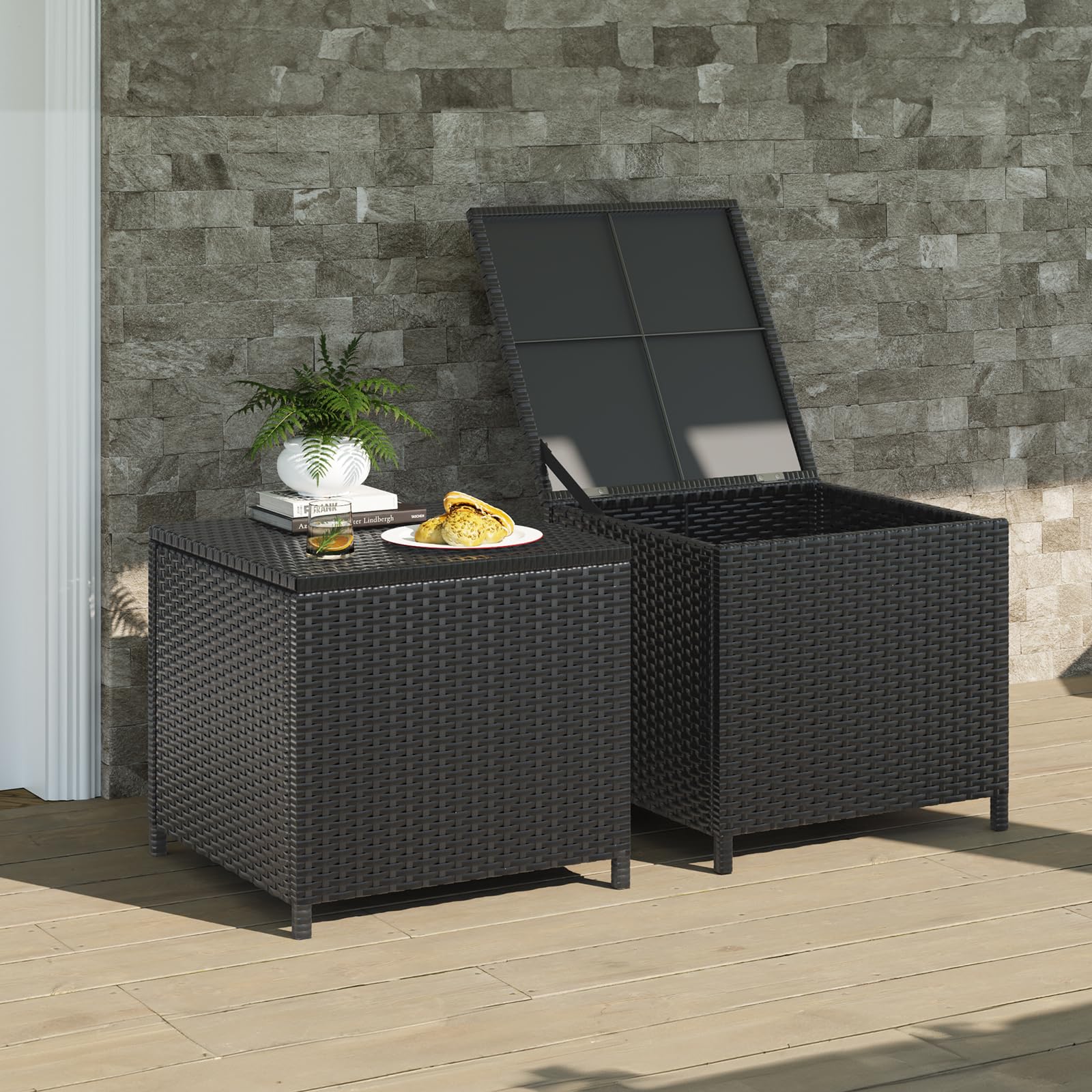 2-Piece Black Outdoor Wicker Side Table Set with Storage - Square Resin Rattan End Tables for Patio, Poolside & Backyard - Perfect for Storing Furniture Covers, Gardening Tools & Pool Toys (Weather-Resistant)