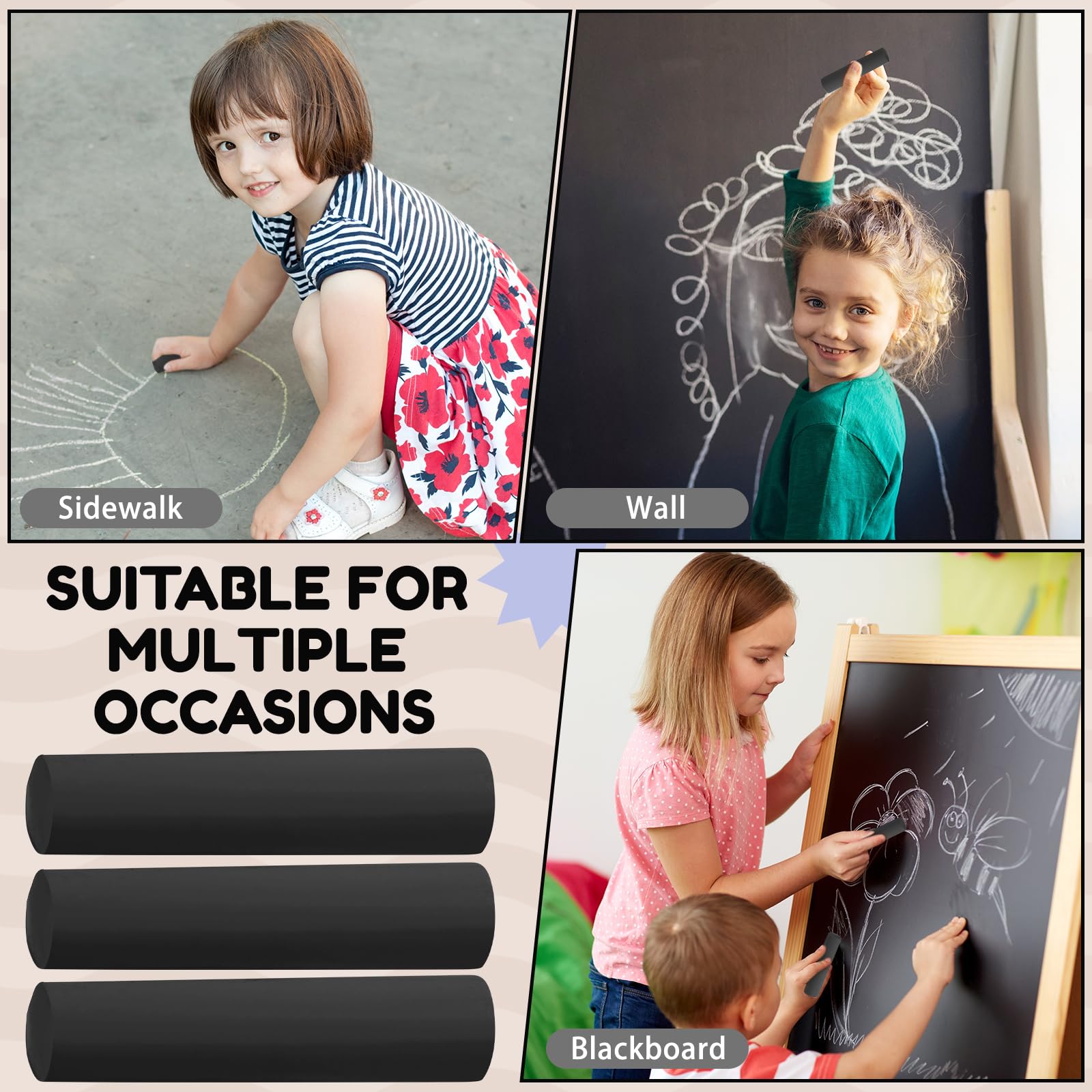 Fulmoon 40 Pcs Jumbo Non-Toxic Sidewalk Chalk for Kids & Adults - Large Washable Outdoor Chalk for Street Art, Drawing, Painting, Graffiti & Classroom Activities (Black, Round Style) - Perfect for Birthday Parties, School Projects & Summer Outdoor Fun