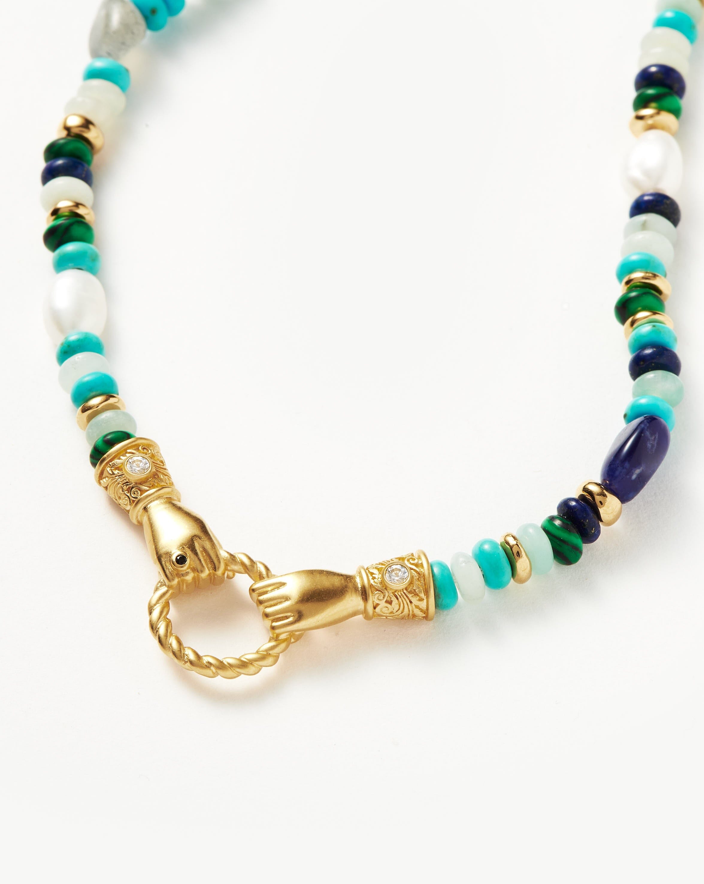 Harris Reed In Good Hands Beaded Gemstone Necklace - 18k Gold Plated with Turquoise, Lapis Lazuli & Pearl | Elegant Layering Jewelry for Women, Perfect for Parties, Weddings & Special Occasions