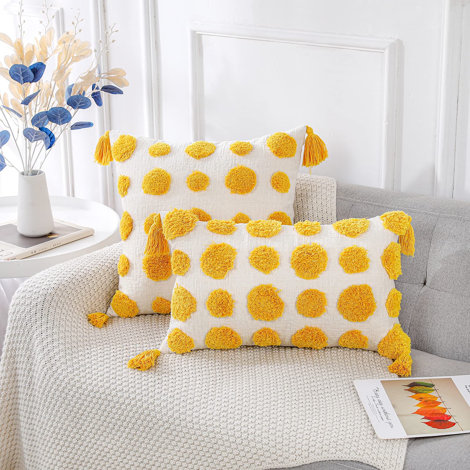 PANOD Super Soft Farmhouse Decorative Plush Throw Pillow Covers 12x20 Inch - Yellow Solid Pom Pom Tufted with Tassels, Modern Boho Lumbar Cushion Cover for Sofa, Couch & Bed - Perfect for Living Room, Bedroom & Home Decor