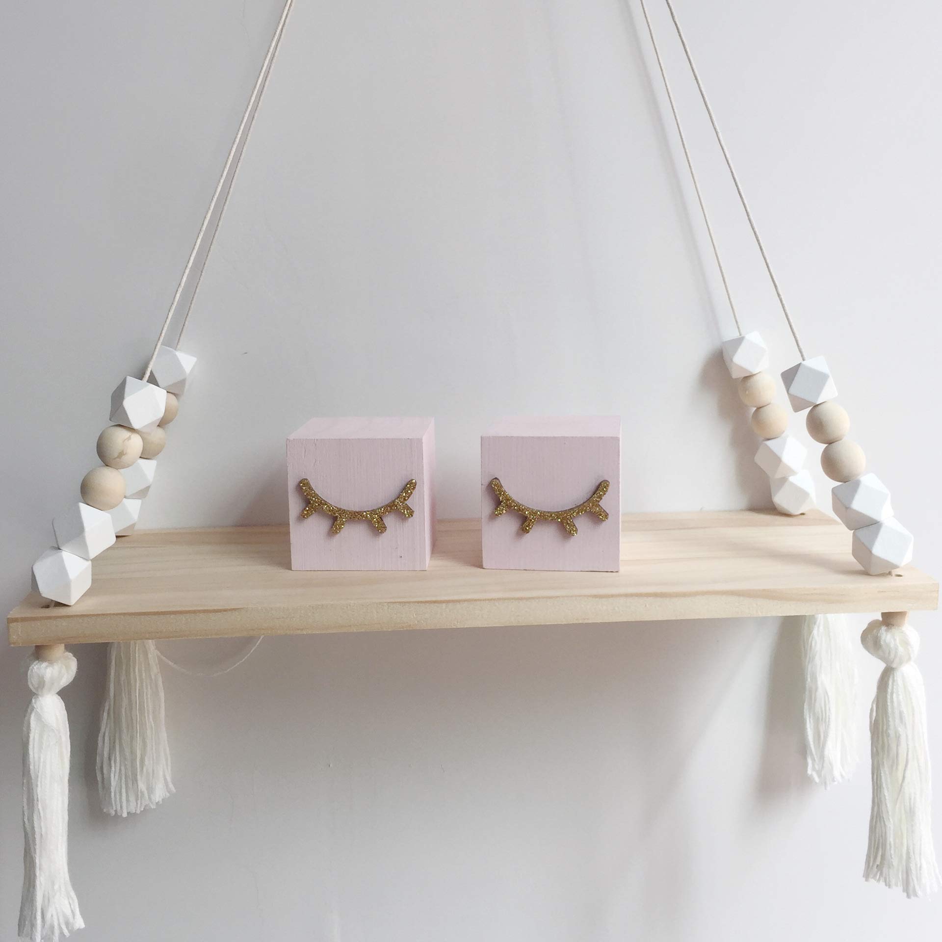 MIOKY Wooden Floating Shelf with White Beads & Tassels - Wall Hanging Storage Rack for Plants, Books, Decor - Perfect for Kids Room, Nursery, Living Room & Bedroom - Space-Saving Home Organization Solution