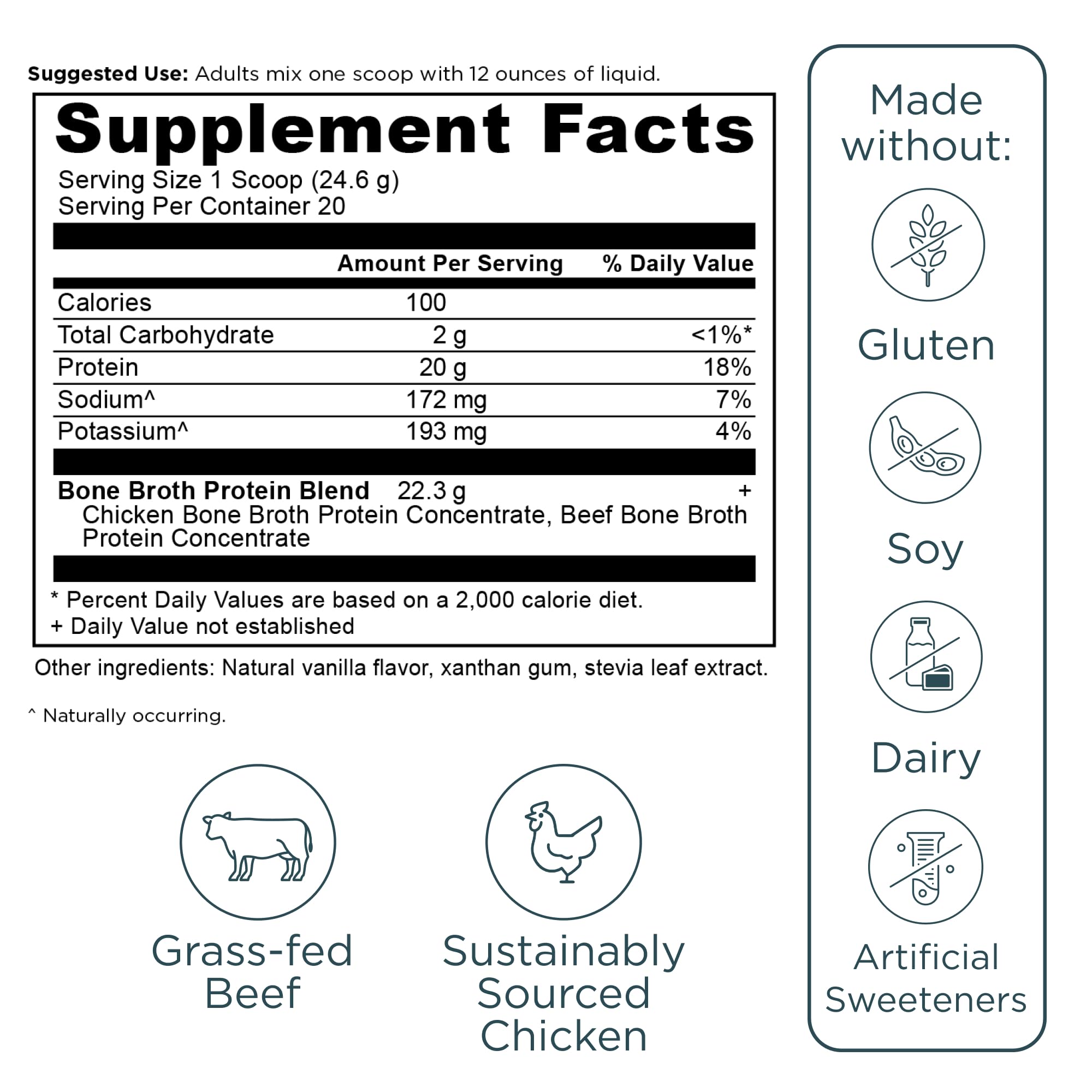 Ancient Nutrition Grass Fed & Cage Free Bone Broth Protein Powder - 20g Protein Per Serving with Hydrolyzed Collagen Peptides, Glucosamine & Chondroitin - Supports Joint & Gut Health - Vanilla Flavor (20 Servings) - Ideal for Post-Workout Recovery, Keto Diet & Immune System Boost
