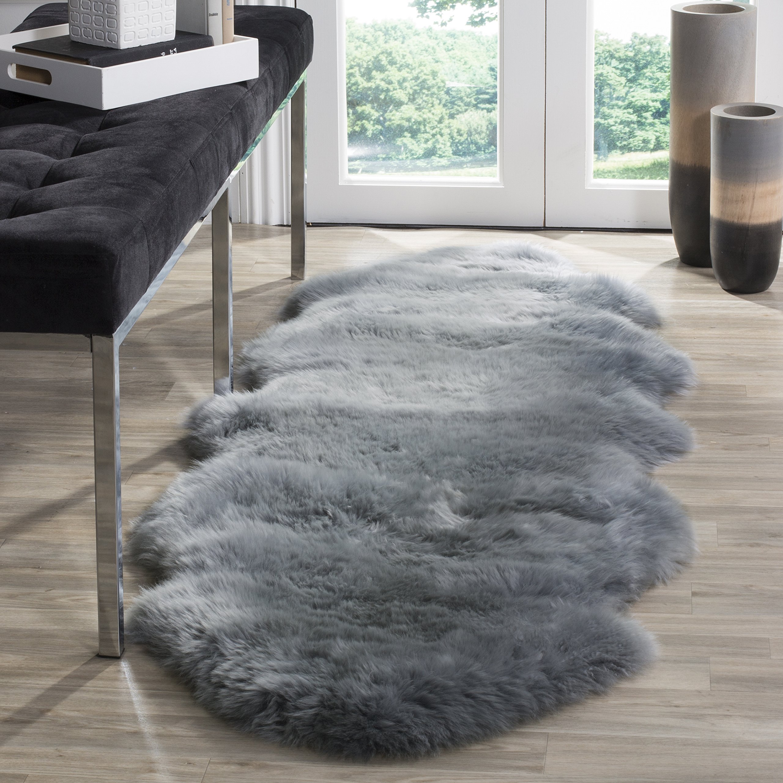 SAFAVIEH Sheep Skin Collection 2' x 6' Steel Blue Handmade Genuine Pelt Runner Rug - Extra Thick 3.4-inch Rustic Glam Shaggy Rug for Living Room, Bedroom & Nursery Decor