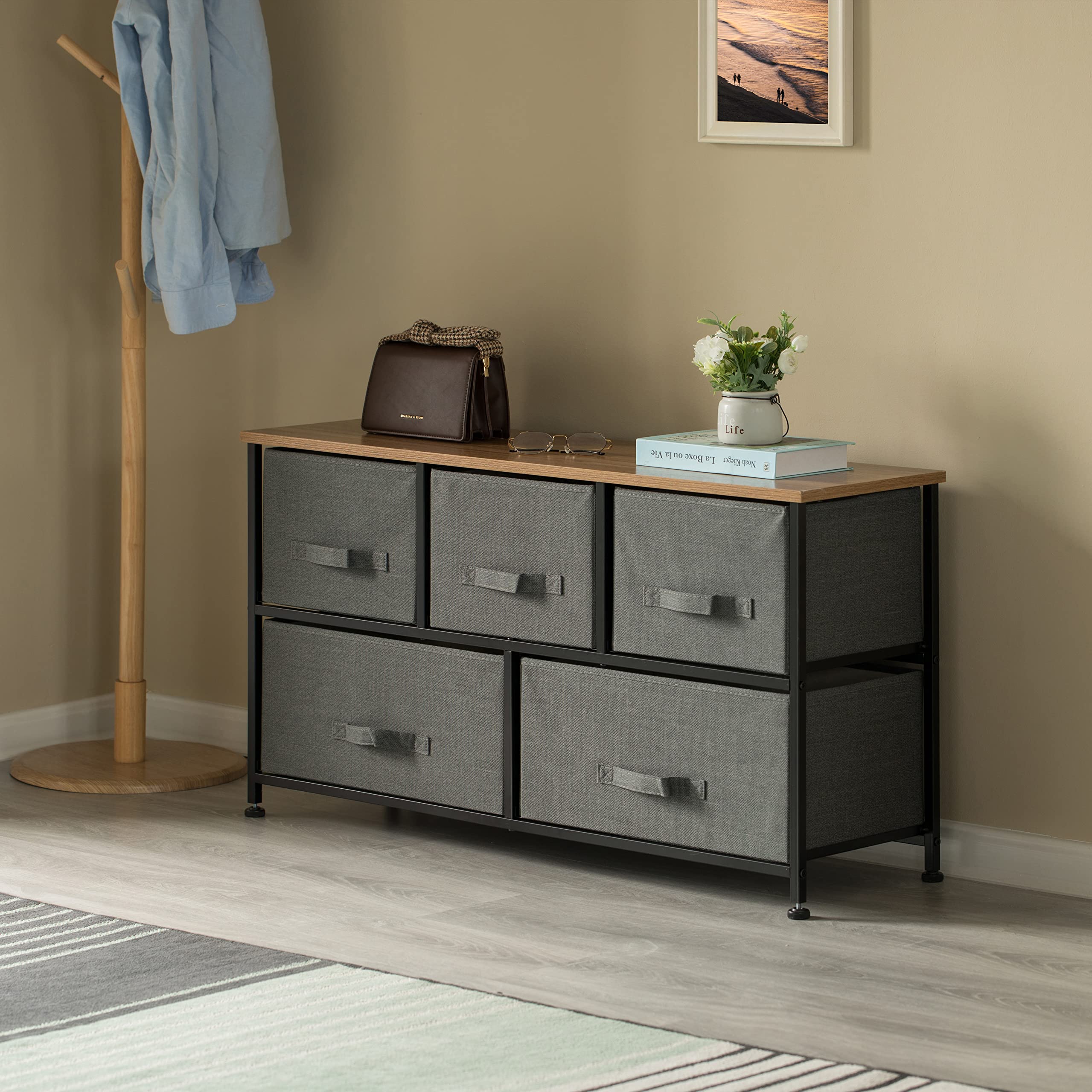 Basicwise Charcoal Gray 5-Drawer Fabric Storage Unit with Wooden Top - Organizer Tower for Bedroom, Closet & Office (2 Bin Sizes) - Perfect for Clothes, Toys & Home Organization