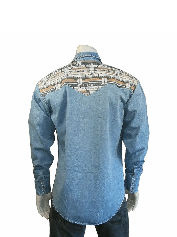 Rockmount 6721 D Men's Vintage Two-Tone Denim Western Shirt with Steer Skull Embroidery - Perfect for Cowboy Rodeo, Country Music Festivals & Western Fashion