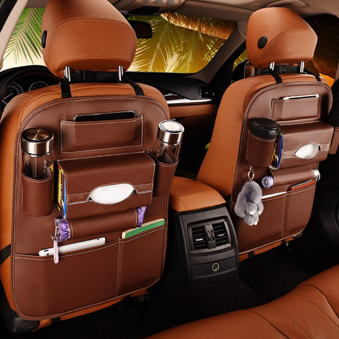 Premium PU Leather Car Seat Back Organizer with Tablet Holder - Universal Car Backseat Storage for Kids, Water Bottles, Toys & Tissue Box (Brown, 1-Pack) - Perfect for Road Trips, Family Travel & Daily Commute