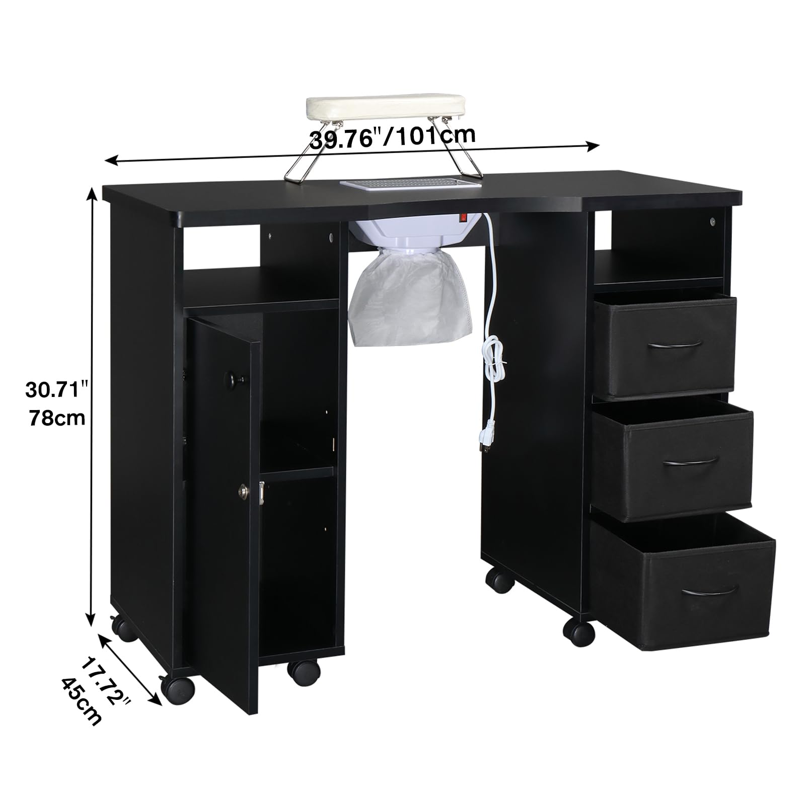 Professional Manicure Table Nail Desk with 3 Drawers, 1 Door, Dust Collector & Arm Rest Cushion - Wooden Beauty Salon Vanity Table for Spa, Home & Nail Technician Workstation - Perfect for Nail Art, Pedicures & Professional Manicures (Black)