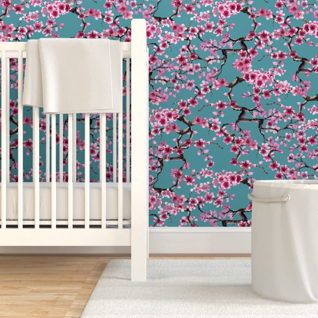 Peel & Stick Removable Wallpaper 12ft x 2ft - Turquoise Pink Floral Japanese Tree Design | Self-Adhesive Wall Decal for Bedroom, Living Room, Nursery & Office Decor
