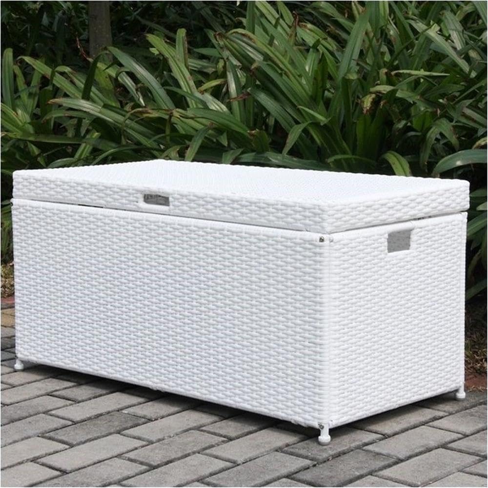 White BOWERY HILL Wicker Rattan Patio Storage Deck Box with Durable Steel Frame - Perfect for Outdoor Furniture Cushion & Garden Tool Organization