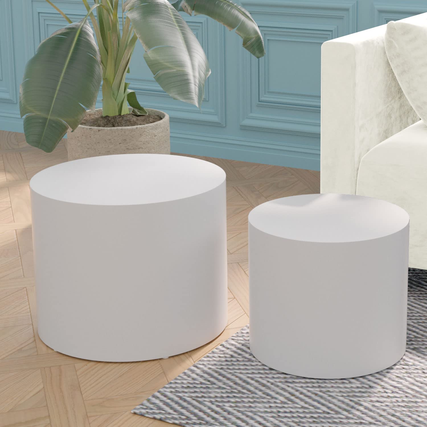 Kevinplus Modern White Coffee Table Set of 2 - Round Nesting Side Tables for Living Room, Bedroom & Office - Space Saving Small Circle End Tables (Matte White) - Perfect for Compact Spaces, Apartment Decor & Coffee Table Styling