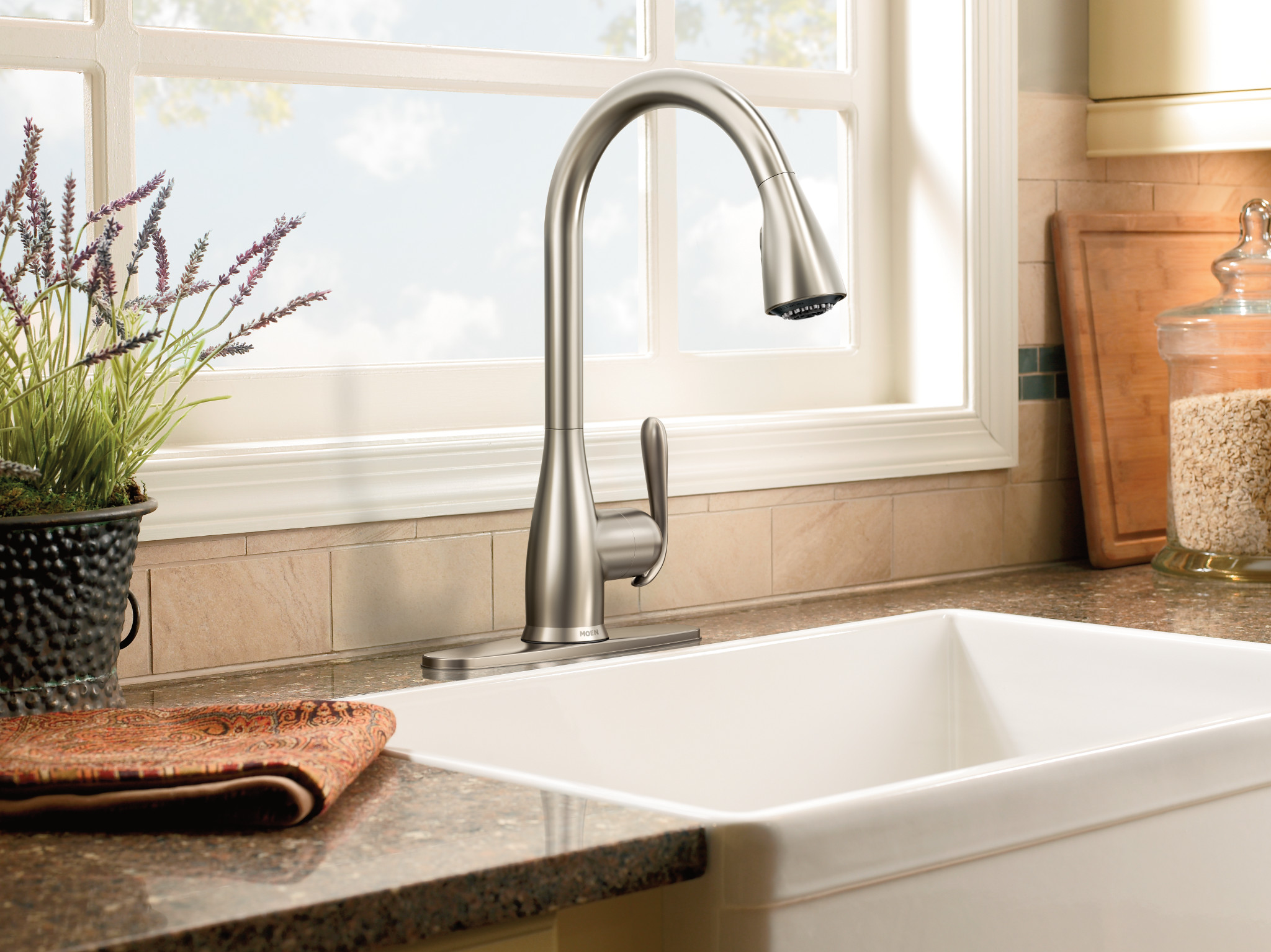 Haysfield Single Handle High Arc Pull Down Kitchen Faucet with Sprayer - Modern Brushed Nickel Sink Faucet for Easy Dishwashing and Food Prep
