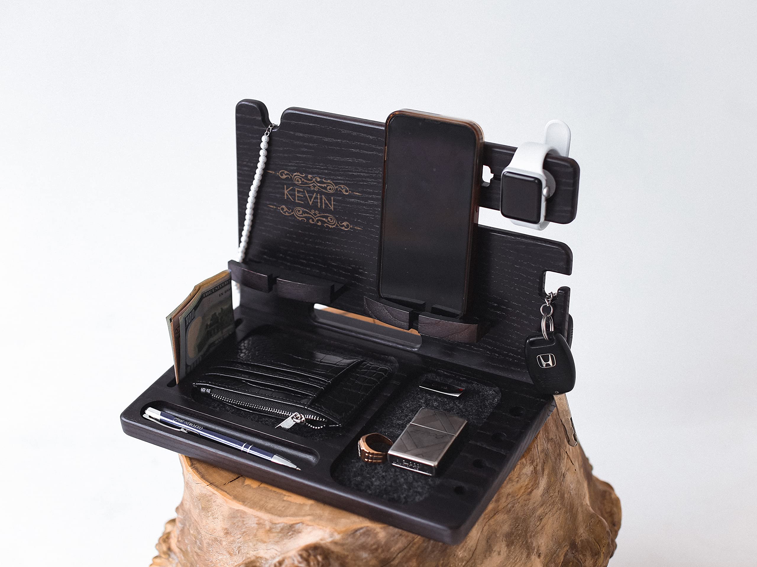 Personalized Wooden Phone Stand & Desk Organizer - Multi-Function Charging Station for iPhone, Android, Smartwatch & Wallet | Perfect Gift for Men, Office & Nightstand Use