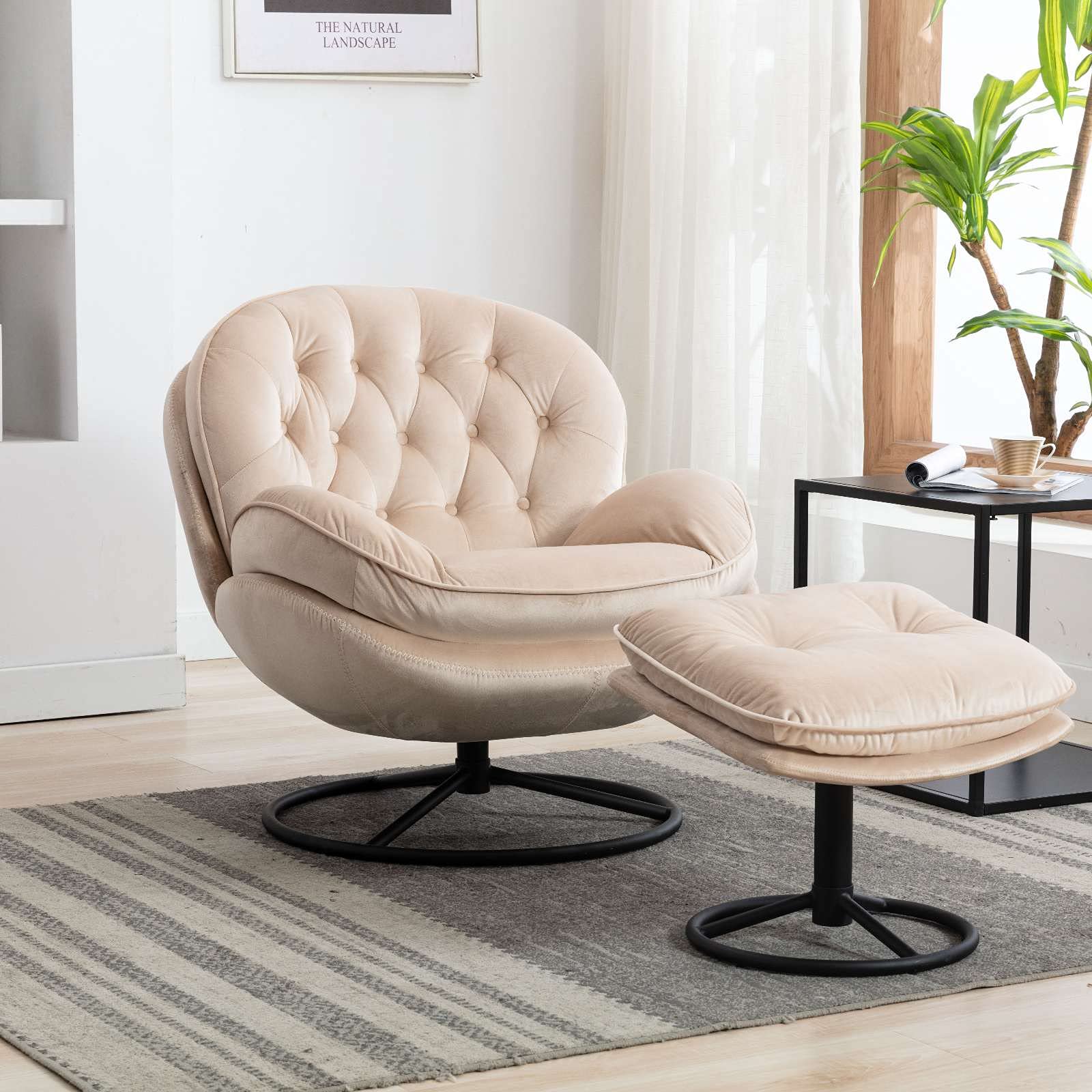 Velvet Swivel Accent Chair with Ottoman - Modern Living Room Lounge Chair with Footrest - Perfect for Home Office, Reading Nook & Cozy Relaxation