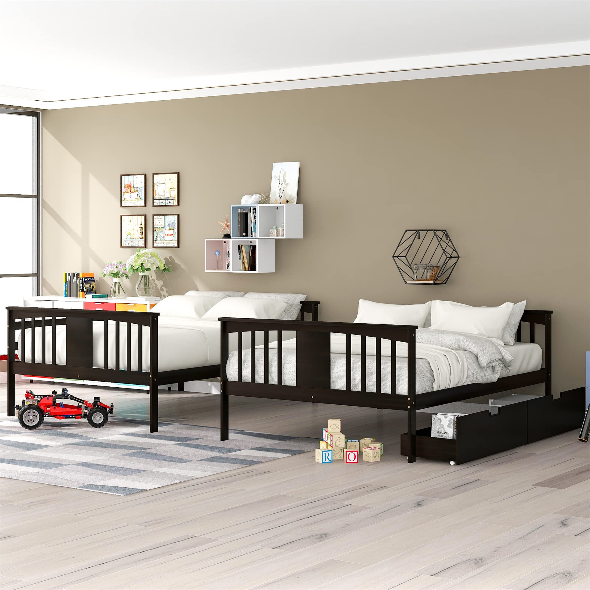 Full Over Full Bunk Bed with Storage Drawers & Safety Rail - Sturdy Wood Bunk Bed for Adults, Kids, Teens - No Box Spring Needed (Espresso Finish) - Perfect for Small Bedrooms, Guest Rooms & Vacation Homes