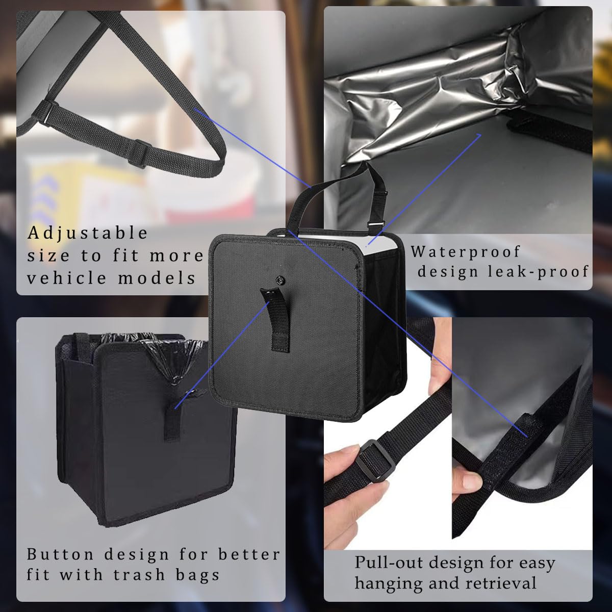 Foldable Car Trash Can - 3 Gallon Waterproof & Leakproof Hanging Trash Bag for Vehicles - Perfect for Road Trips, Commuting & Keeping Your Car Clean