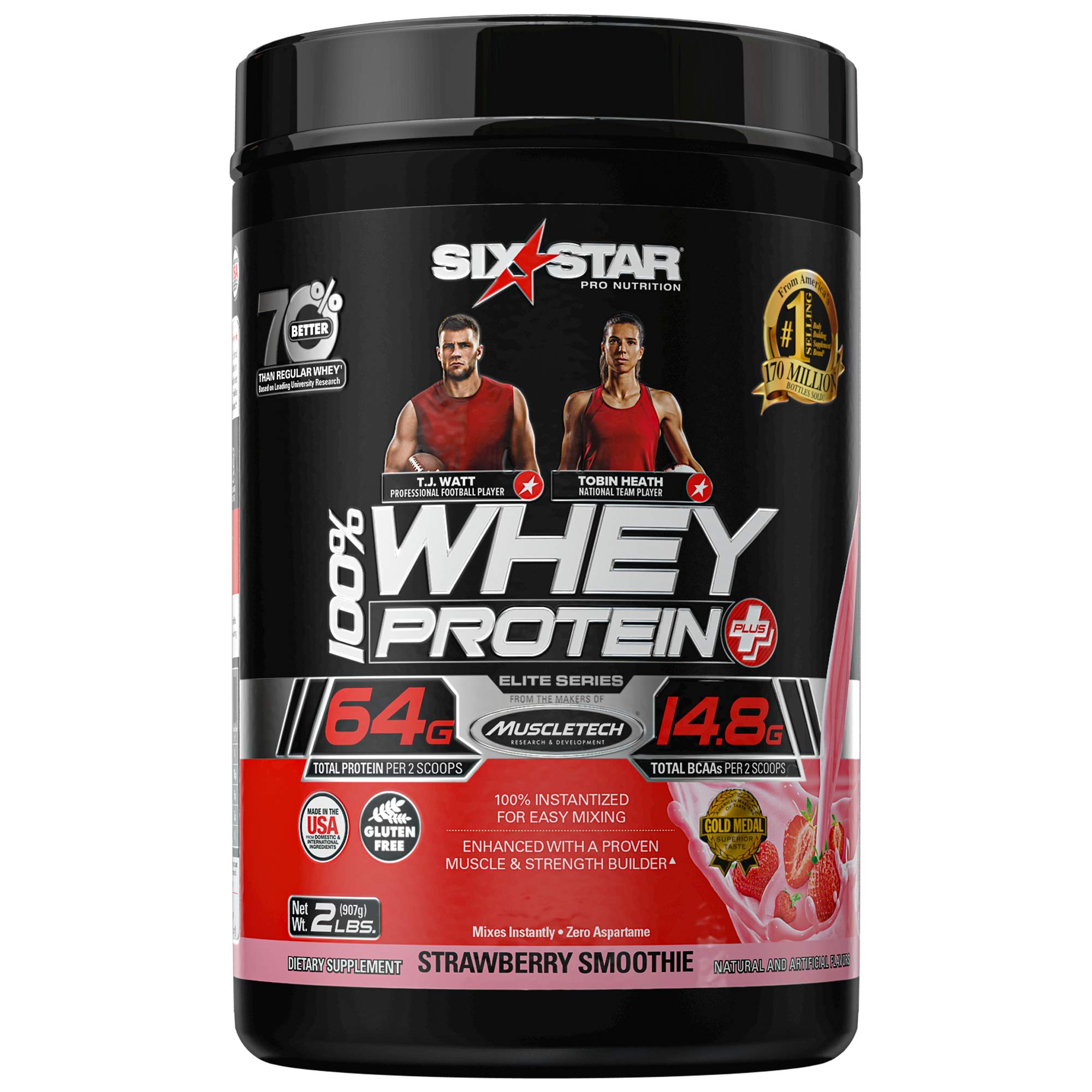 Six Star Whey Protein Powder - Whey Protein Isolate & Peptides for Muscle Growth | Lean Protein Supplement for Men & Women | Strawberry Flavor, 2 lbs (Packaging May Vary) | Post-Workout Recovery & Fitness Nutrition