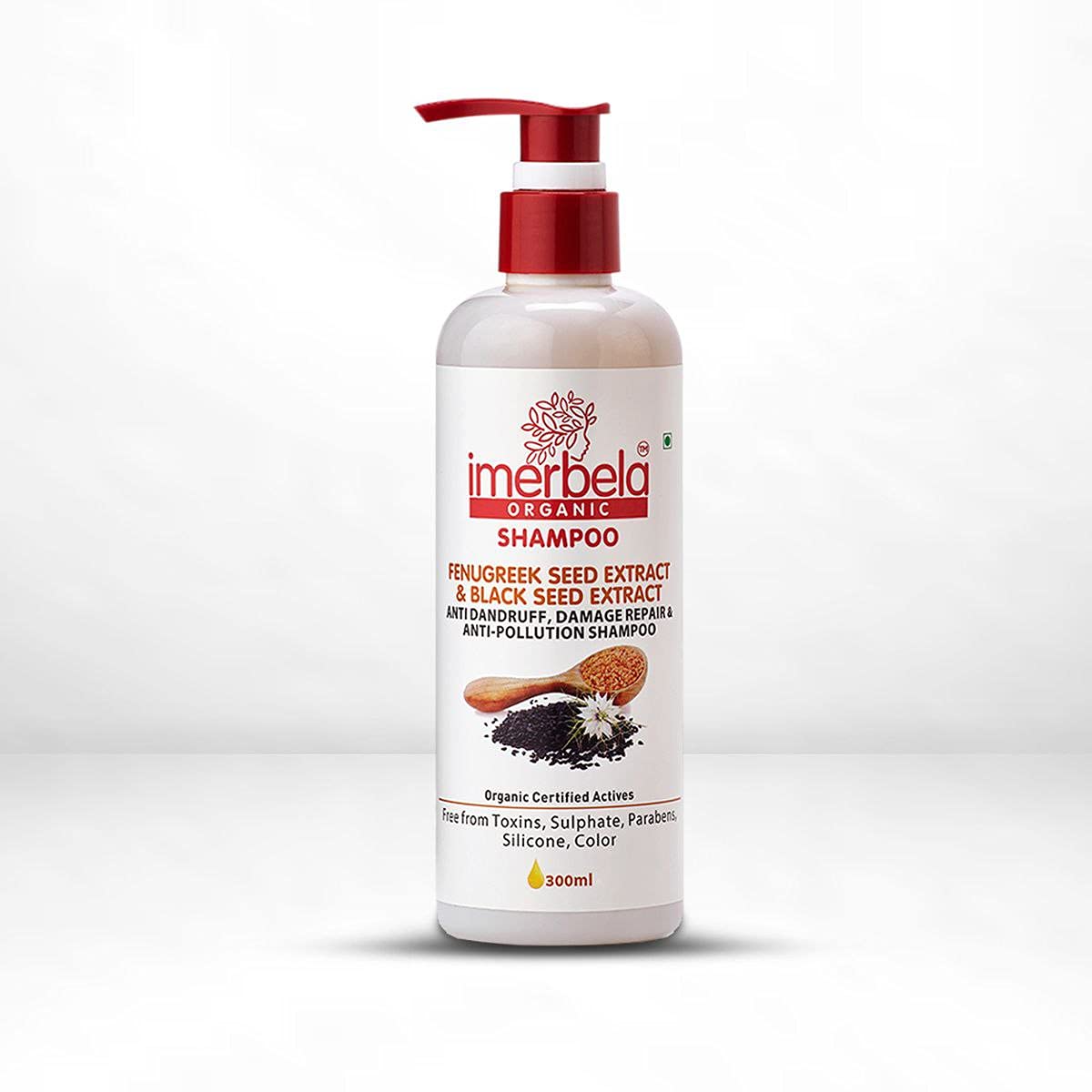 Imerbela Organic Anti Dandruff & Anti-Pollution Shampoo for Hair Fall Control - 300ml Fenugreek Formula | Gentle Cleanser for Dry, Damaged & Oily Hair | Perfect for Daily Use & Scalp Care at Home or Travel