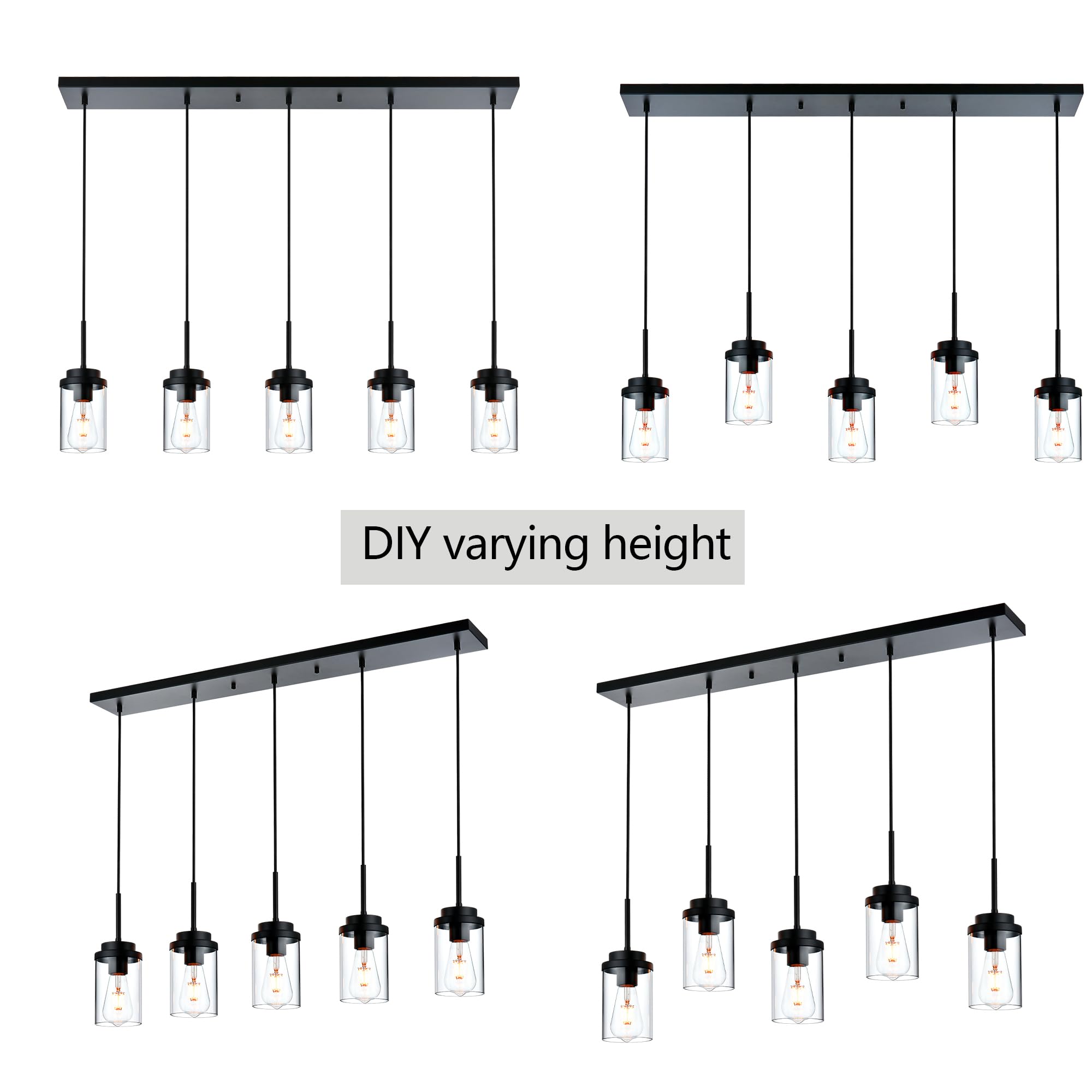 Modern Industrial Farmhouse Chandelier - Black Linear Pendant Light with Clear Glass Shade for Dining Room, Kitchen Island & Foyer | Rustic Ceiling Lighting Fixture for Home Decor & Restaurant Ambience