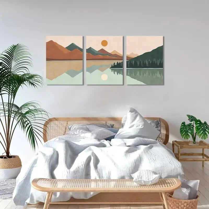 3-Piece Abstract Sun Mountain Forest Lake Metal Wall Art - Ready to Hang Landscape Prints for Living Room, Bedroom & Office Decor