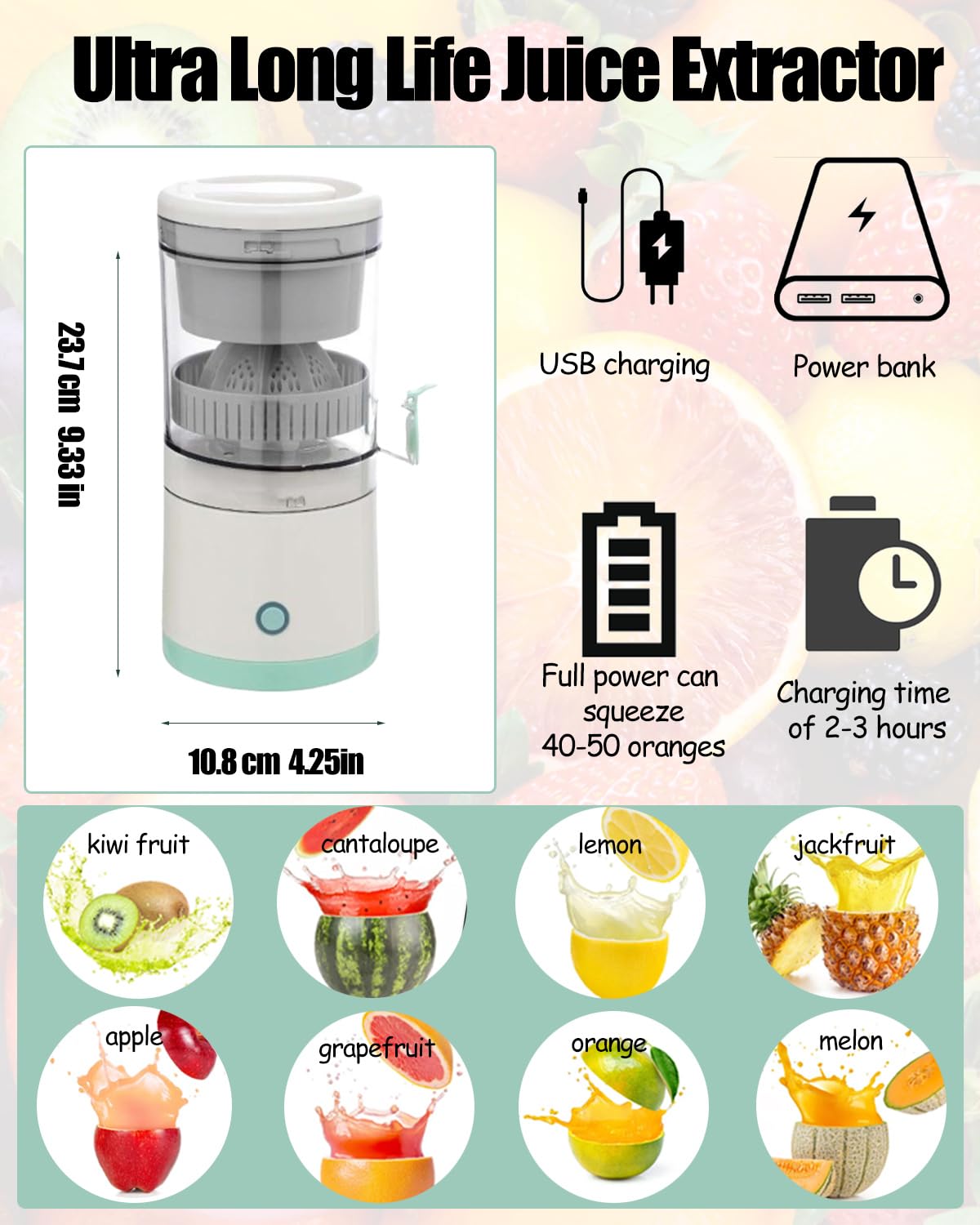 Rechargeable Electric Citrus Juicer with USB Cable - Portable Orange, Lemon, Grapefruit Juicer Machine - Easy to Clean & Use - Perfect for Home Kitchen, Camping, Travel & Outdoor Activities