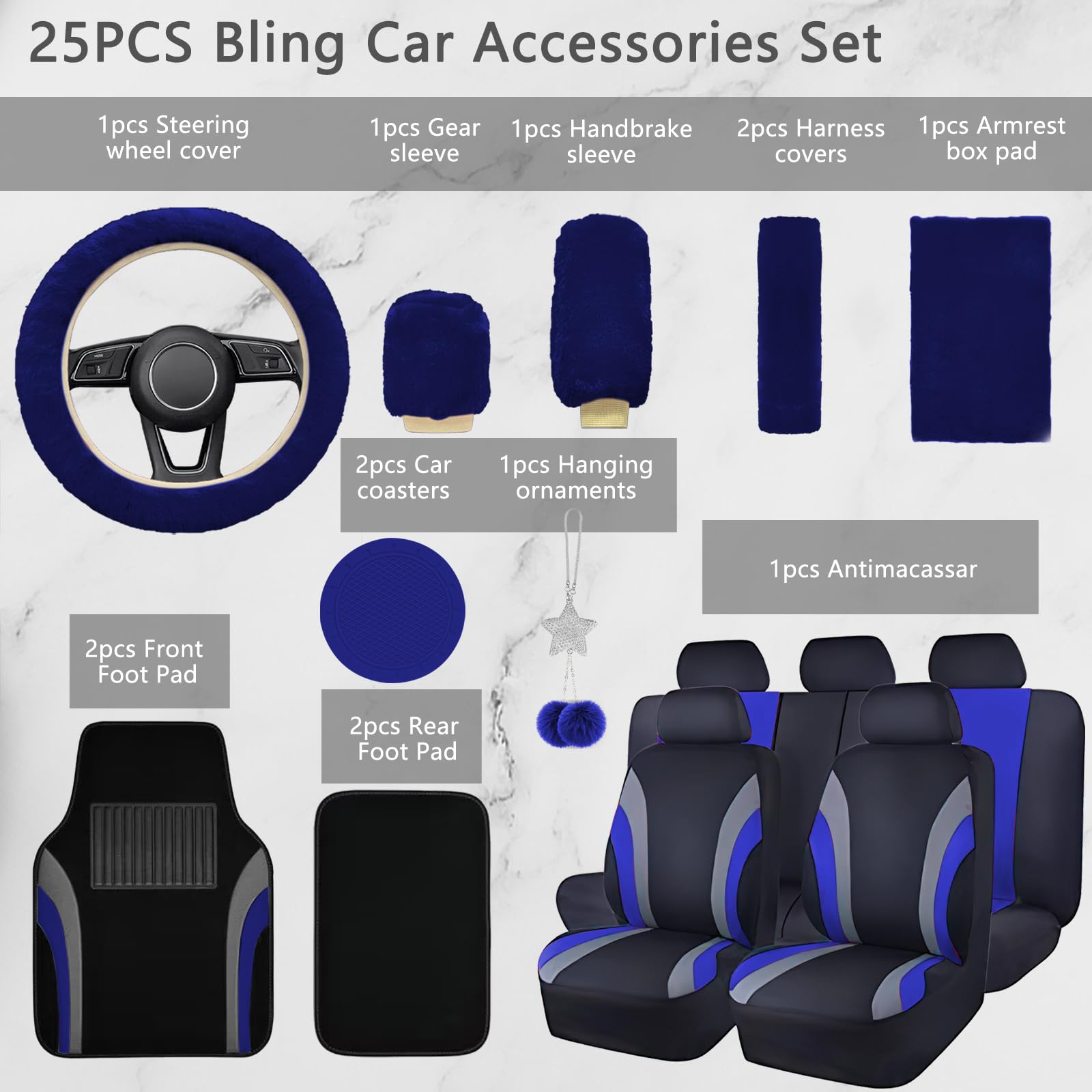 21-Piece Universal Car Seat Covers Set with Waterproof Floor Mats & Fluffy Steering Wheel Cover - Full Automotive Interior Protection for Women, SUV, Sedan (Blue) | Perfect for Road Trips, Commuting & Car Maintenance