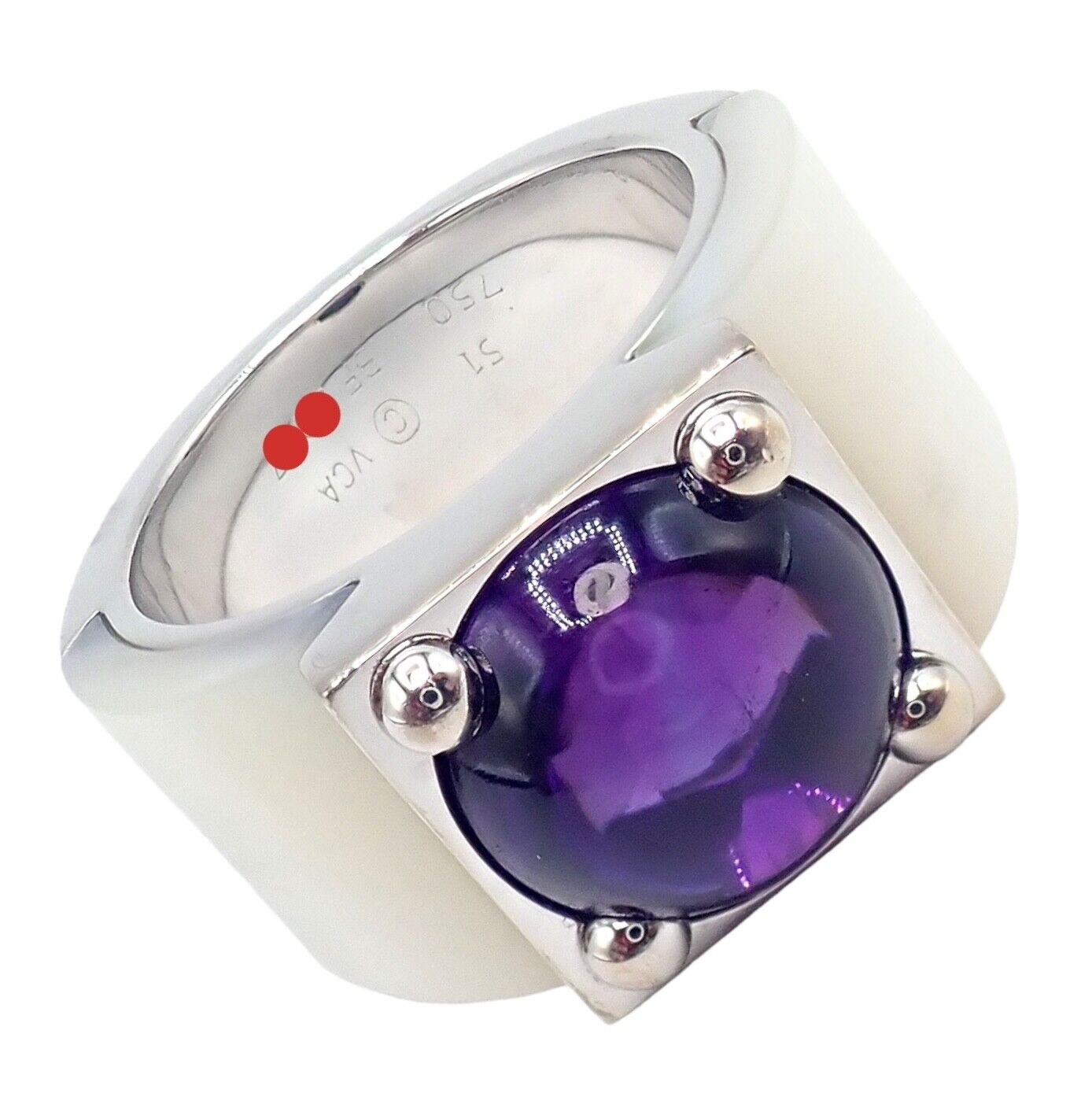 Authentic Van Cleef & Arpels 18k White Gold Amethyst Mother of Pearl Ring - Luxury Vintage Jewelry for Women, Perfect for Weddings, Anniversaries & Special Occasions