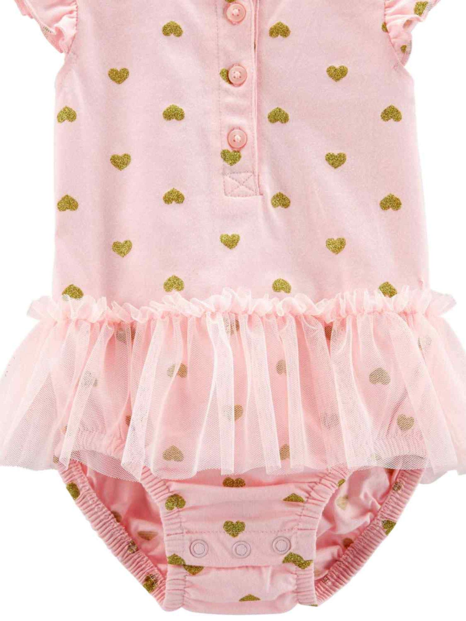 Carters Baby Girls Pink Glitter Heart Tutu Romper Bodysuit - Soft Cotton Infant Onesie for Newborn Photos, Birthday Outfits & Special Occasions