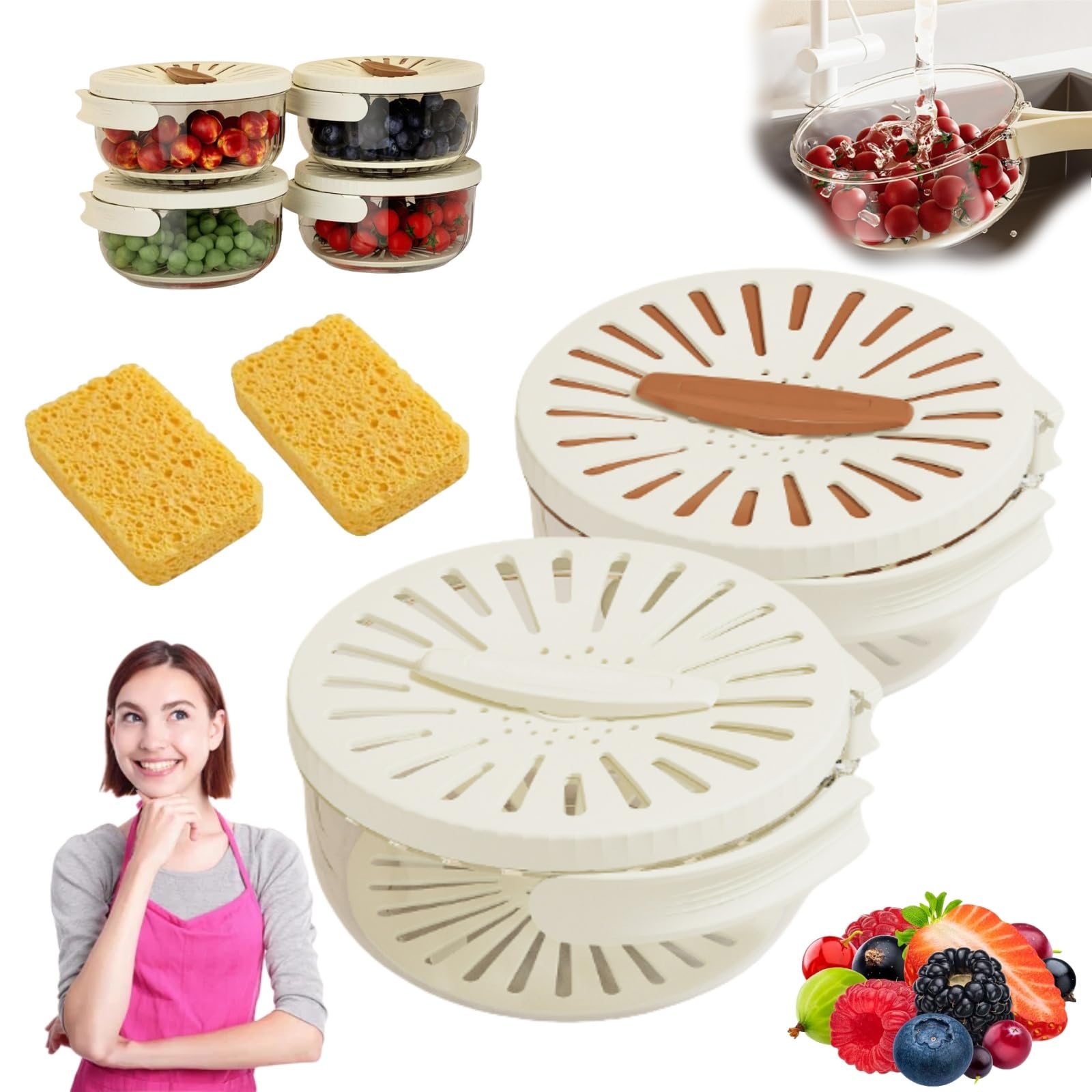 Premium Multi-Functional Fruit & Vegetable Washing Bowl with Strainer - 2025 New Design Drainer Container with Handle - Simplify Washing & Storing (Brown+White, 2-Pack) - Perfect for Kitchen, Picnics, Camping & Healthy Meal Prep