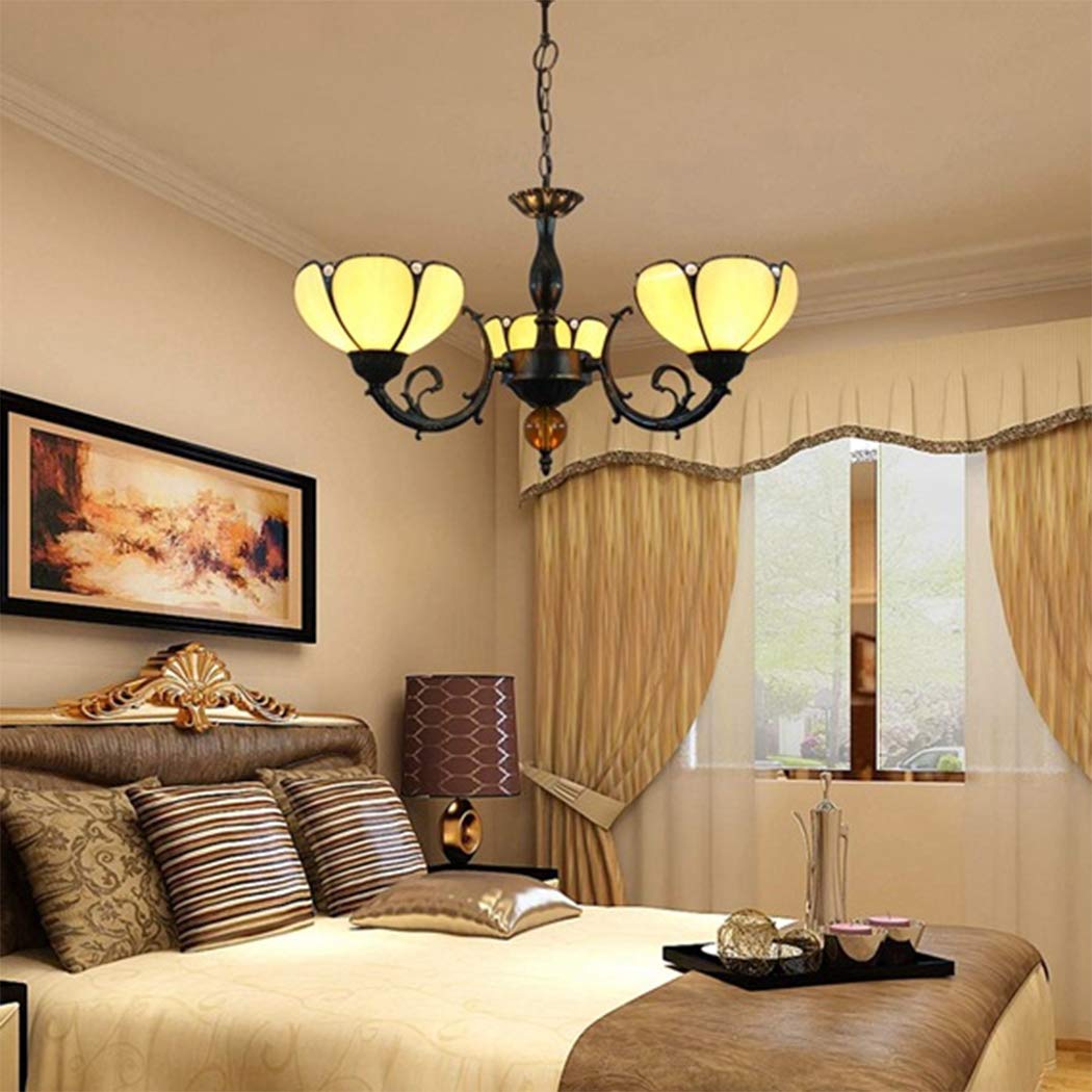 Vintage Tiffany Style Chandelier - 8 Inch Yellow Half Bend Glass Shade, 3-Light E27 Hanging Pendant Lamp for Bedroom, Dining Room & Living Room Ceiling Lighting