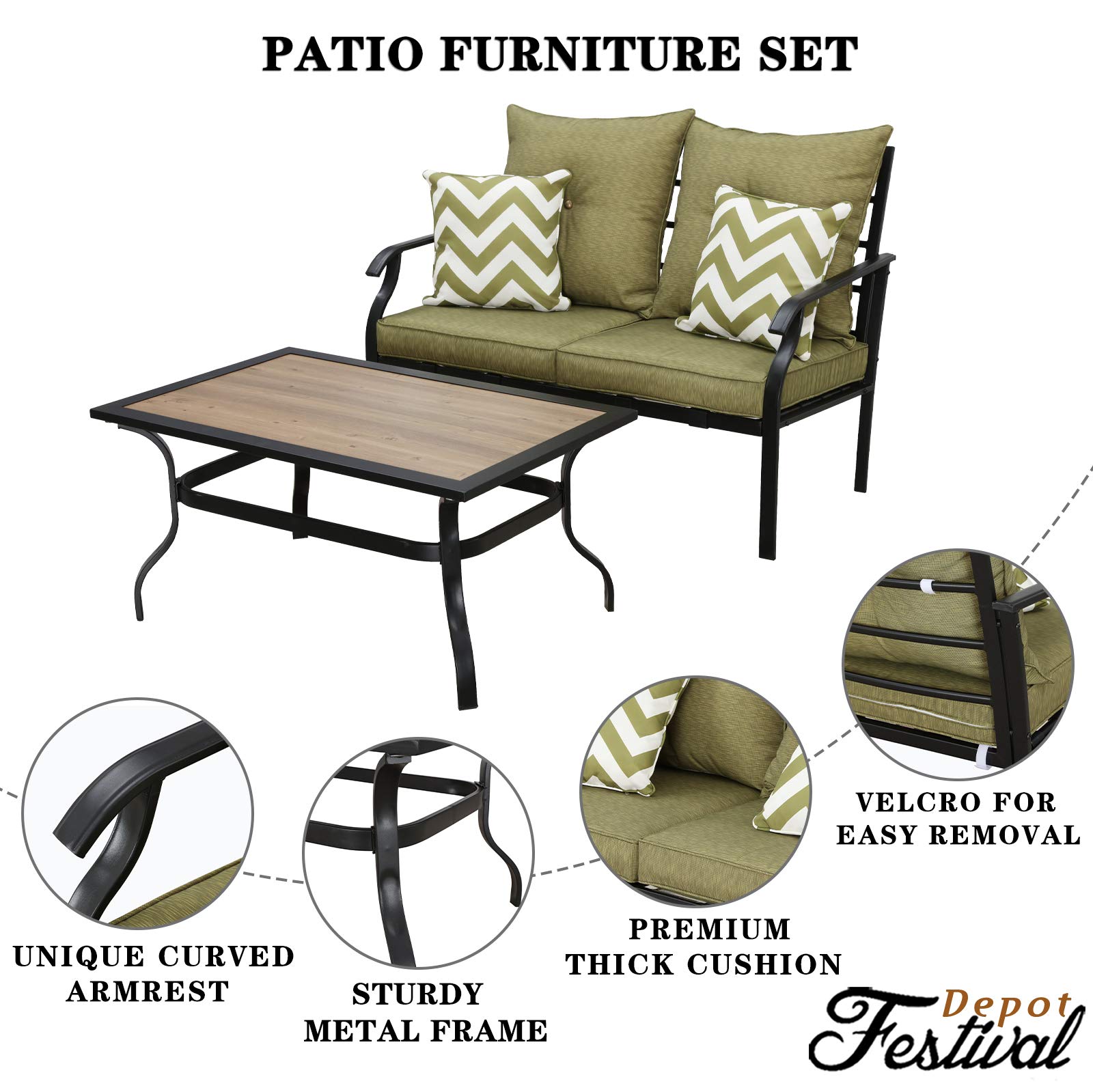 2-Piece Patio Conversation Set with Loveseat, Cushions, Pillows & Coffee Table - Outdoor Metal Garden Furniture for Backyard, Porch (Green) | Perfect for Relaxing, Entertaining & Outdoor Gatherings