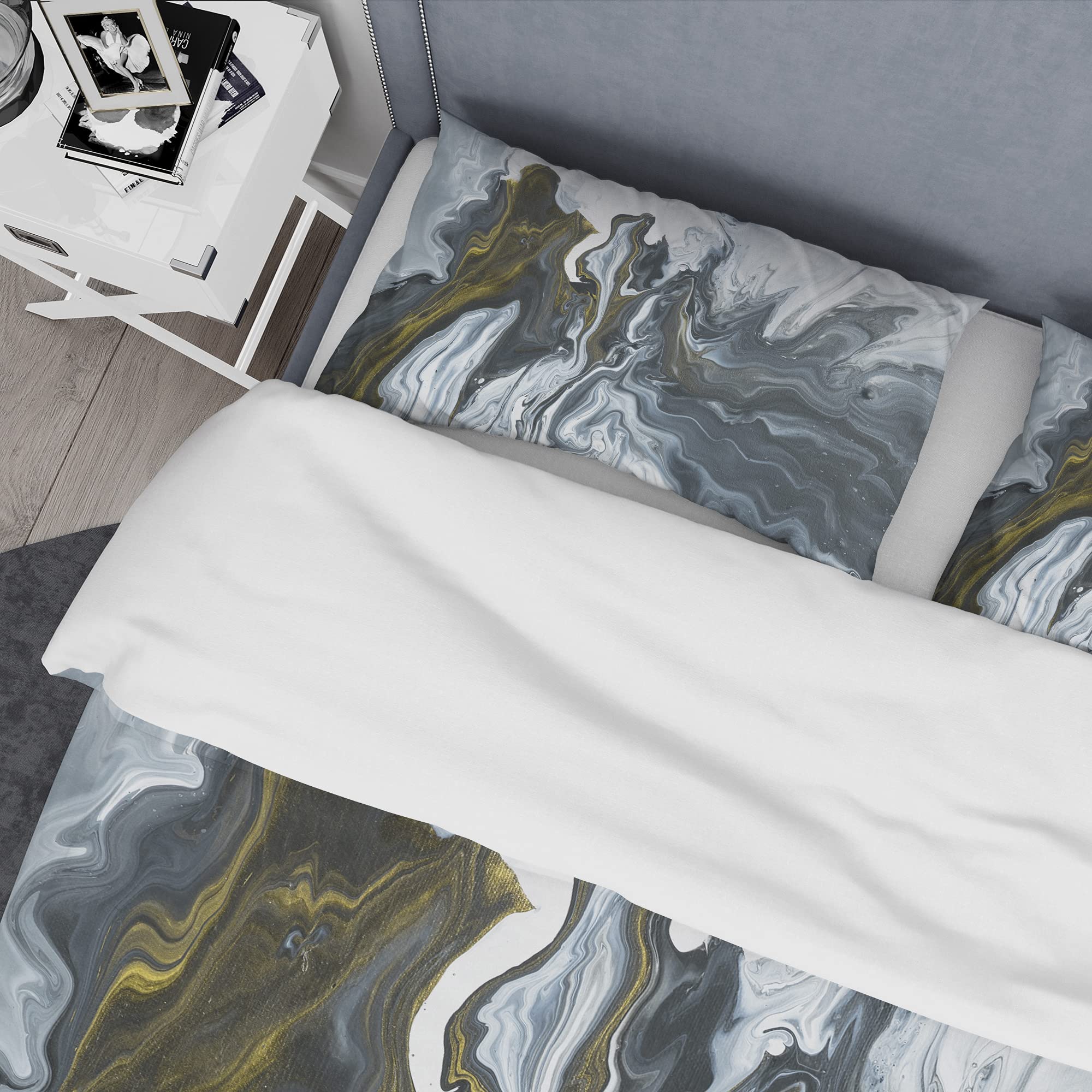DesignQ 'Grey, Yellow & White Hand-Painted Marble Acrylic' Mid-Century Modern Duvet Cover Set - King Size Bedding for Contemporary & Boho Chic Bedrooms