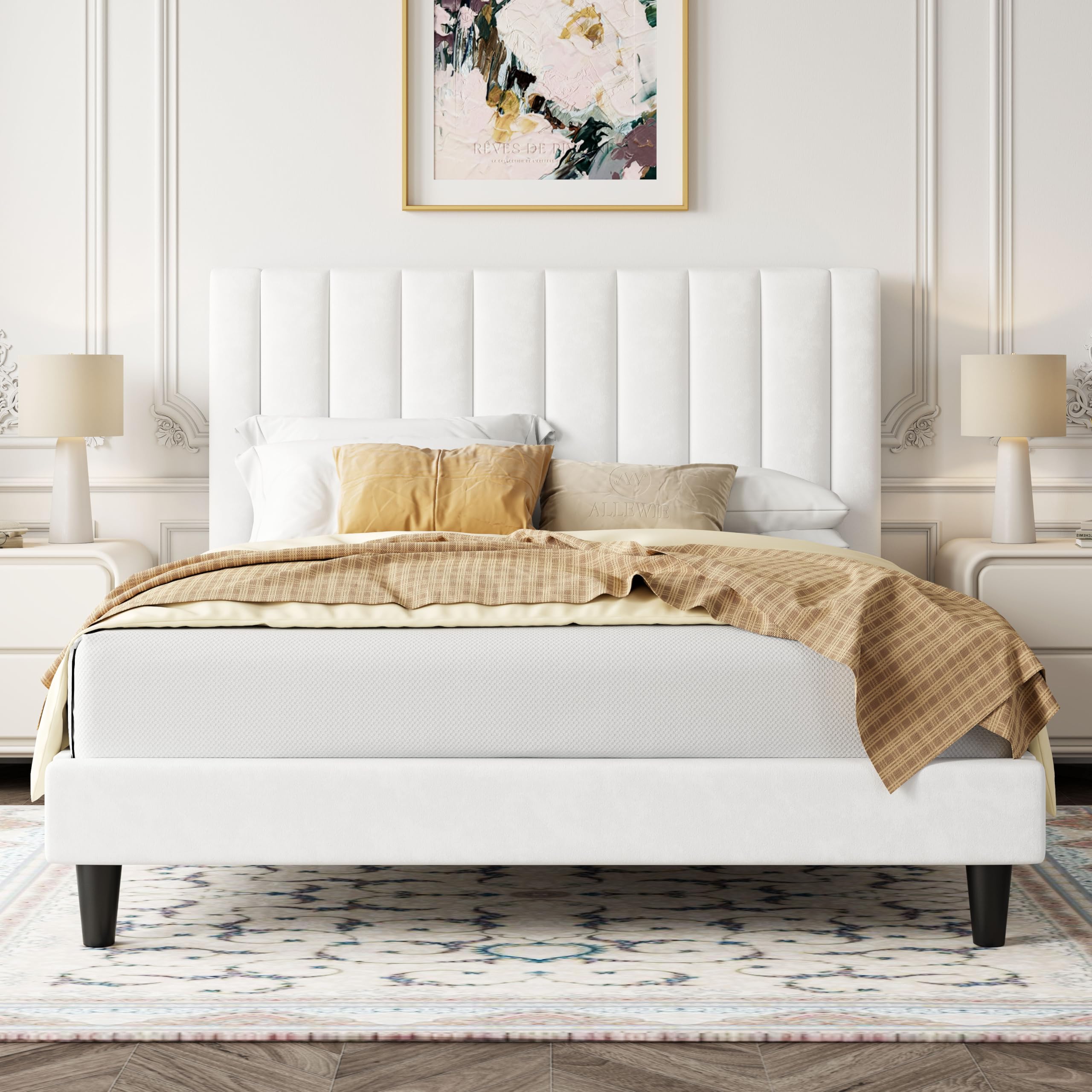 Allewie Full Size Platform Bed Frame - Velvet Upholstered with Vertical Channel Tufted Headboard, Sturdy Wooden Slats Support for Mattress Foundation (Box Spring Optional), Easy Assembly in White | Modern Bedroom Furniture for Master & Guest Rooms