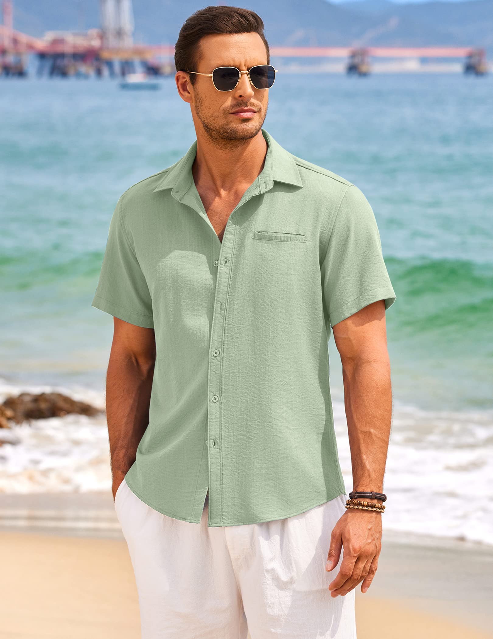 COOFANDY Men's Casual Linen Short Sleeve Button Down Shirt | Breathable Summer Hawaiian Shirt for Beach Vacation & Outdoor Activities
