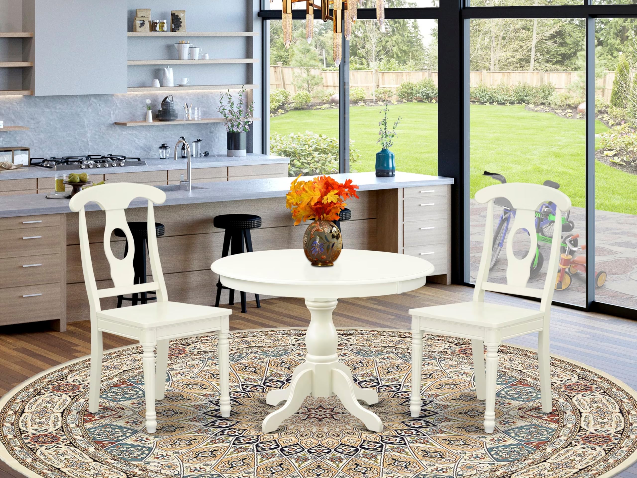 East West Furniture HBKE3-LWH-W 3-Piece Round Kitchen Dining Set with Pedestal Table & 2 Chairs, 42x42 Inch, Linen White - Perfect for Small Spaces, Breakfast Nooks & Cozy Apartments