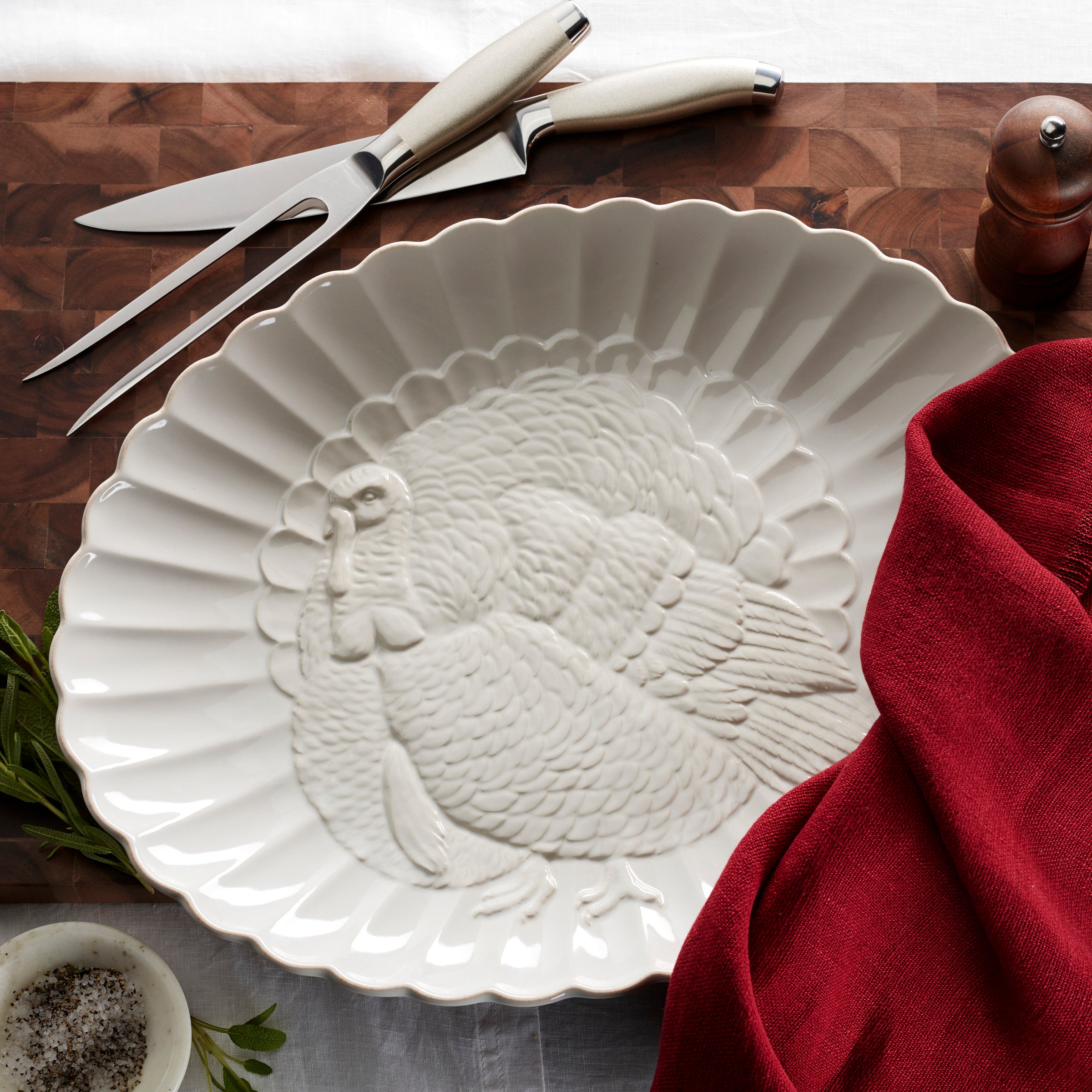 French Perle Carved Turkey Serving Platter - Elegant Porcelain Dinnerware for Holiday Feasts & Special Occasions