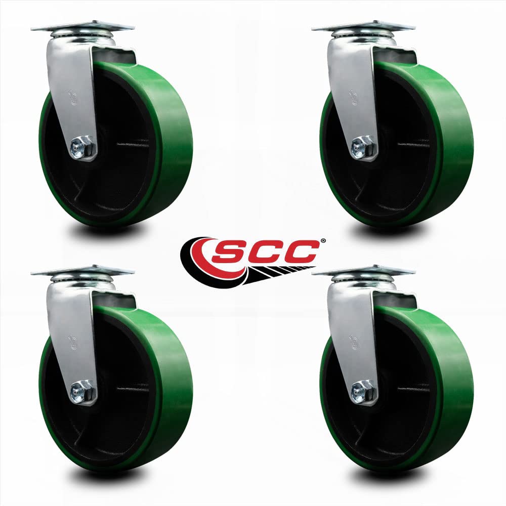 6 Inch Swivel Caster Wheels with Polyurethane Tread & Cast Iron Core – 1800 lbs Capacity – Heavy Duty Roller Bearing Casters (Set of 4) – Ideal for Industrial Carts, Warehouse Equipment & Moving Dollies
