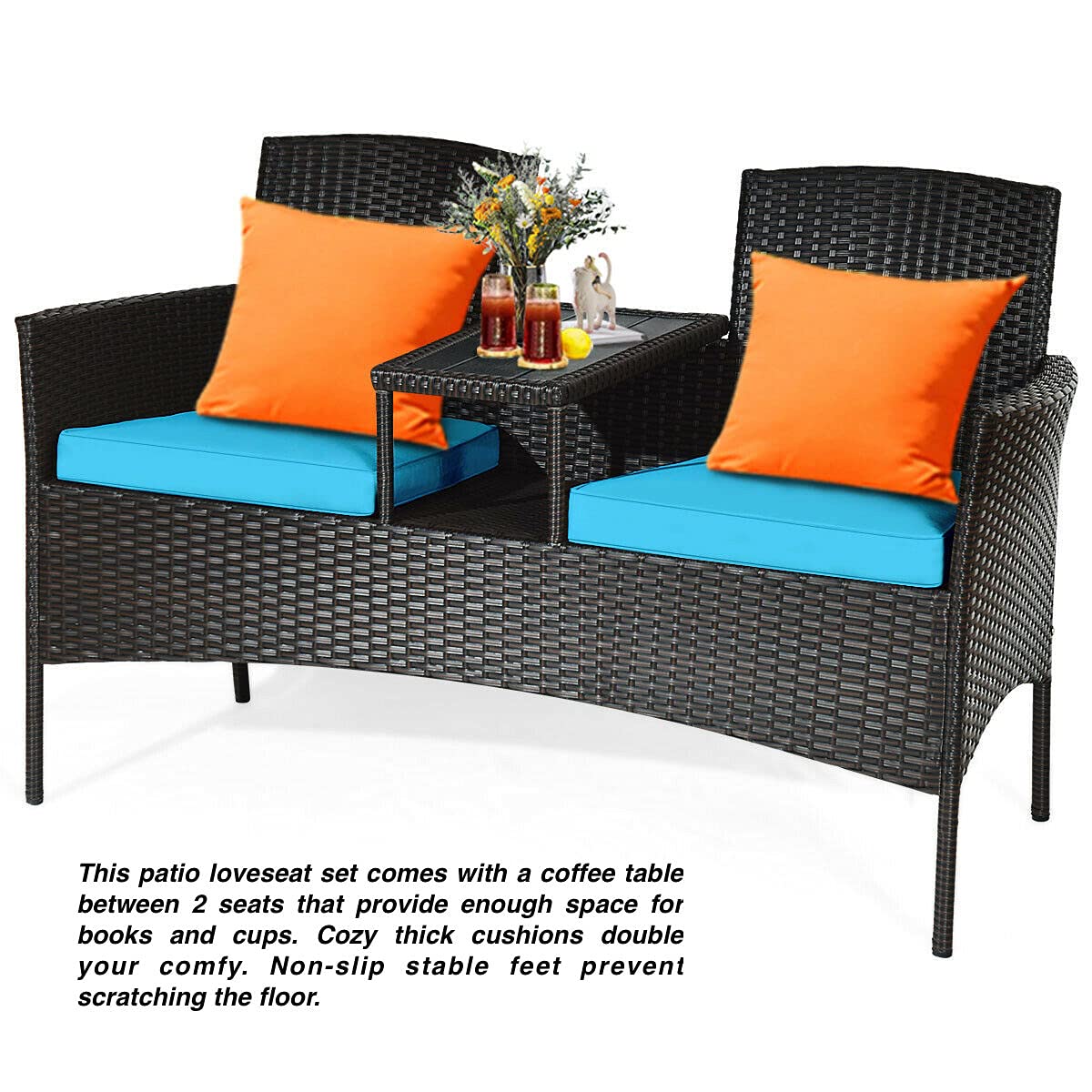 2-Seater Rattan Patio Conversation Set with Plastic Table Top & Blue Cushions - Outdoor Garden, Poolside, Deck Furniture for Relaxing & Socializing