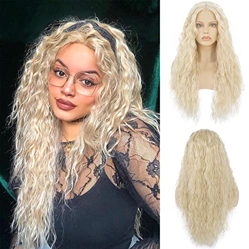 Ebingoo 613 Blonde Curly Lace Front Wig for Women - Light Platinum Blonde Long Loose Synthetic Hair Wig with T-Part & Wig Cap | Perfect for Daily Wear, Cosplay, Parties & Special Occasions