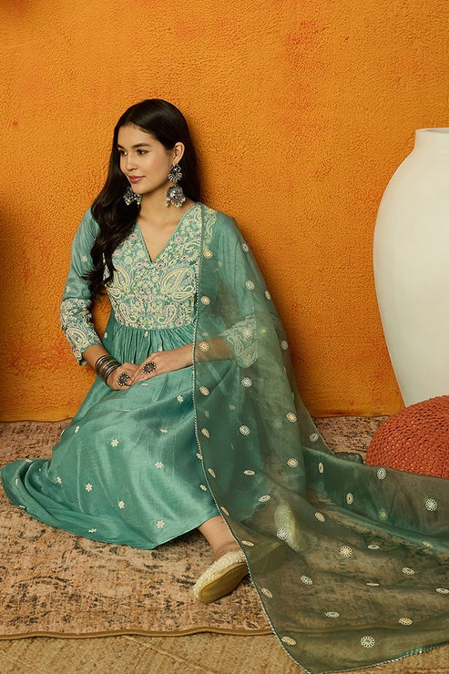 Elegant Sea Green Silk Blend Anarkali Suit Set for Women | Diwali & Festive Wear | Party, Wedding & Special Occasion Outfit