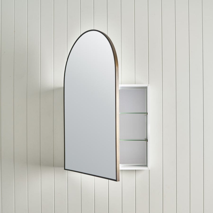 Vintage Arch Mirror Cabinet with Antique Brass Finish - Elegant Bathroom Vanity Storage & Decorative Wall Mirror for Modern Homes