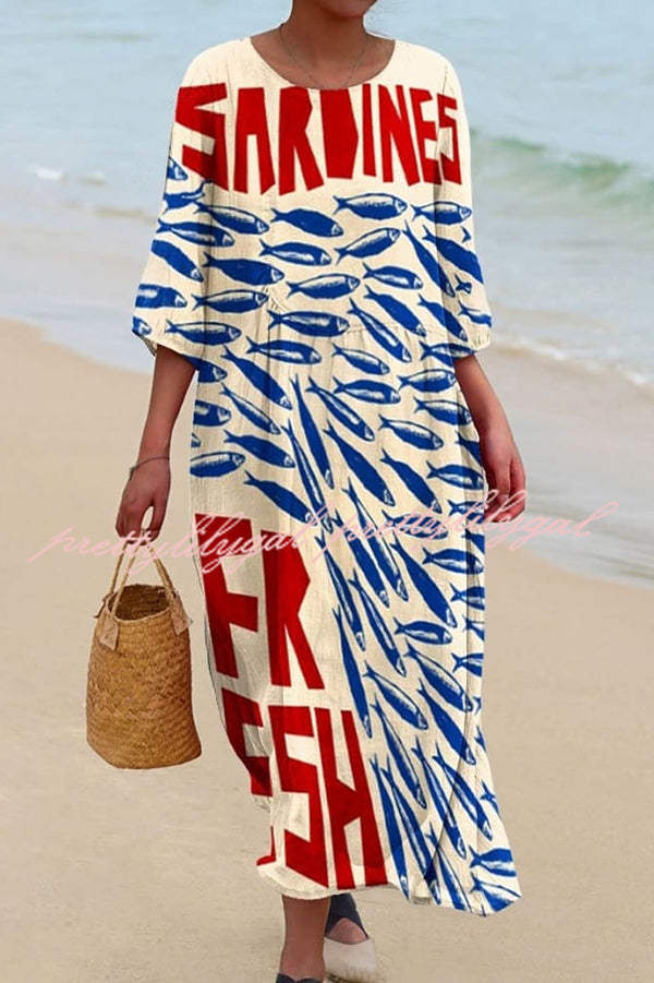 Stylish Marine Print V-Neck Short Sleeve Midi Dress for Women | Beach Vacation, Summer Party & Casual Outfit