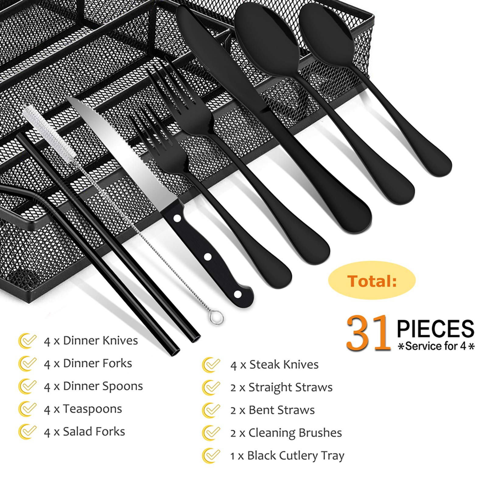 Premium 31-Piece Stainless Steel Flatware Set for 4 - Mirror Polish Silverware with Forks, Spoons, Knives & Steak Knives - Dishwasher Safe Cutlery Set with Utensil Organizer - Perfect for Dinner Parties, Restaurants & Home Dining (Black)